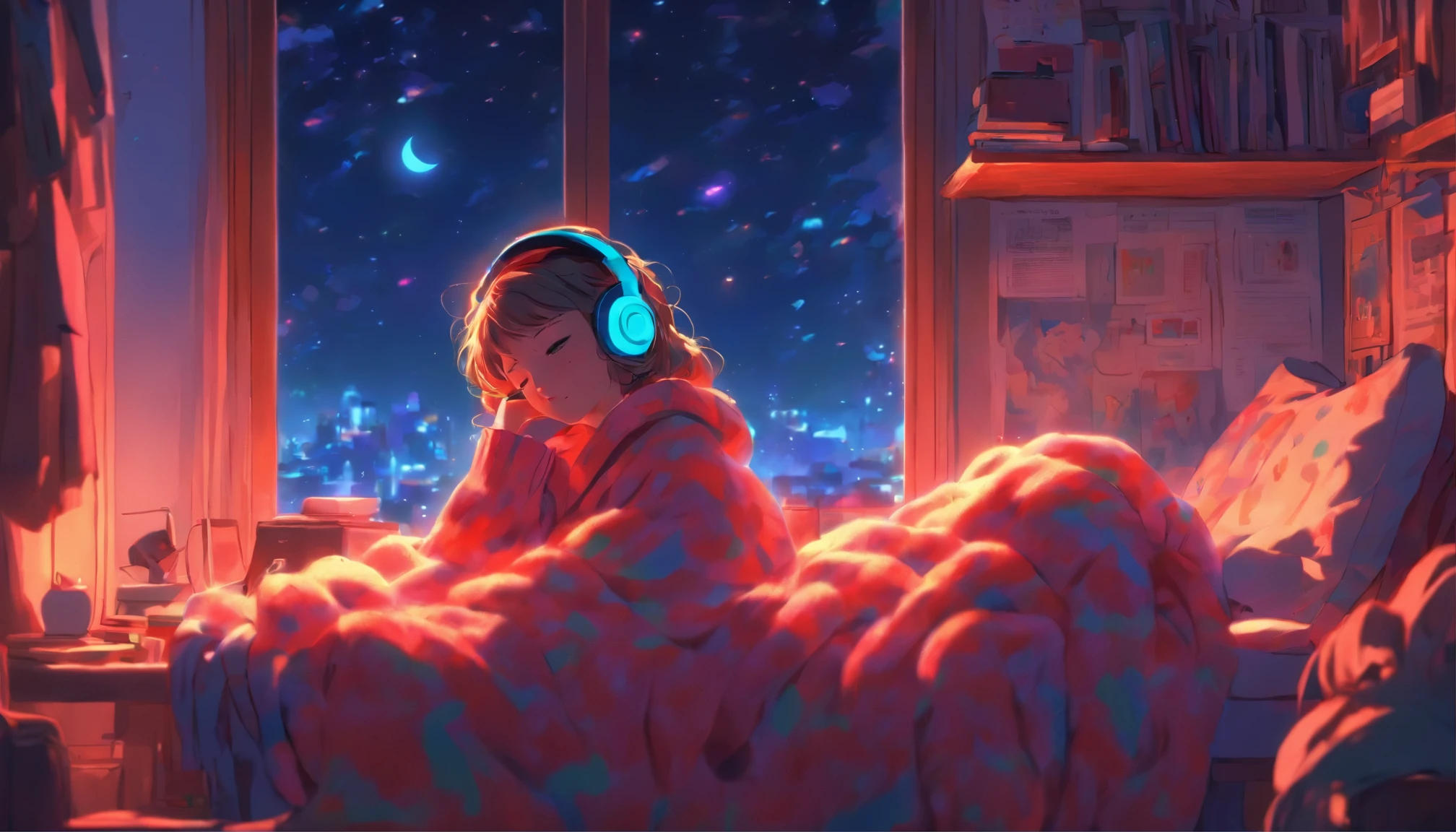 a girl, lying sleeping, wearing a big sweater, wearing headphones, legs covered with a blanket, lofi, calm, calm atmosphere, in her room looking at the window, cool, night, quiet night, masterpiece, best quality