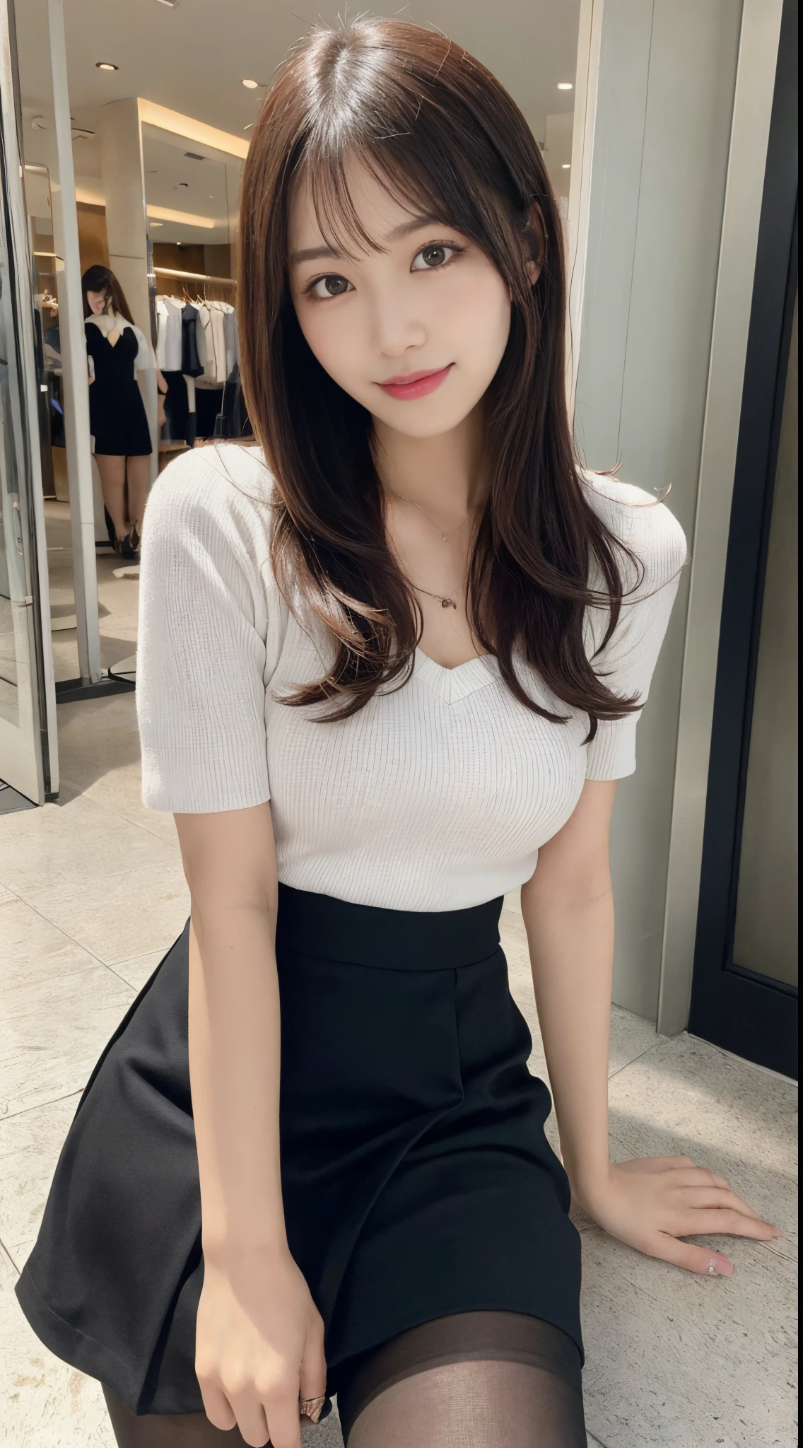 ulzzang -6500-v1.1, (Raw photo:1.2), (Photorealsitic),(Real: 1.4), masutepiece, Best Quality, Illustration, Ultra-detailed, finely detail, hight resolution, 8K Wallpaper, Perfect dynamic composition, Beautiful detailed eyes, ladies business fashion, harsh trial, Ultra-realistic pantyhose:1.2, Skirt and thighs、Medium Hair,small tits, Natural Color Lip, Bold sexy poses,Smile, materia、A 23-year-old girl、Cute、Sexy shot looking at camera