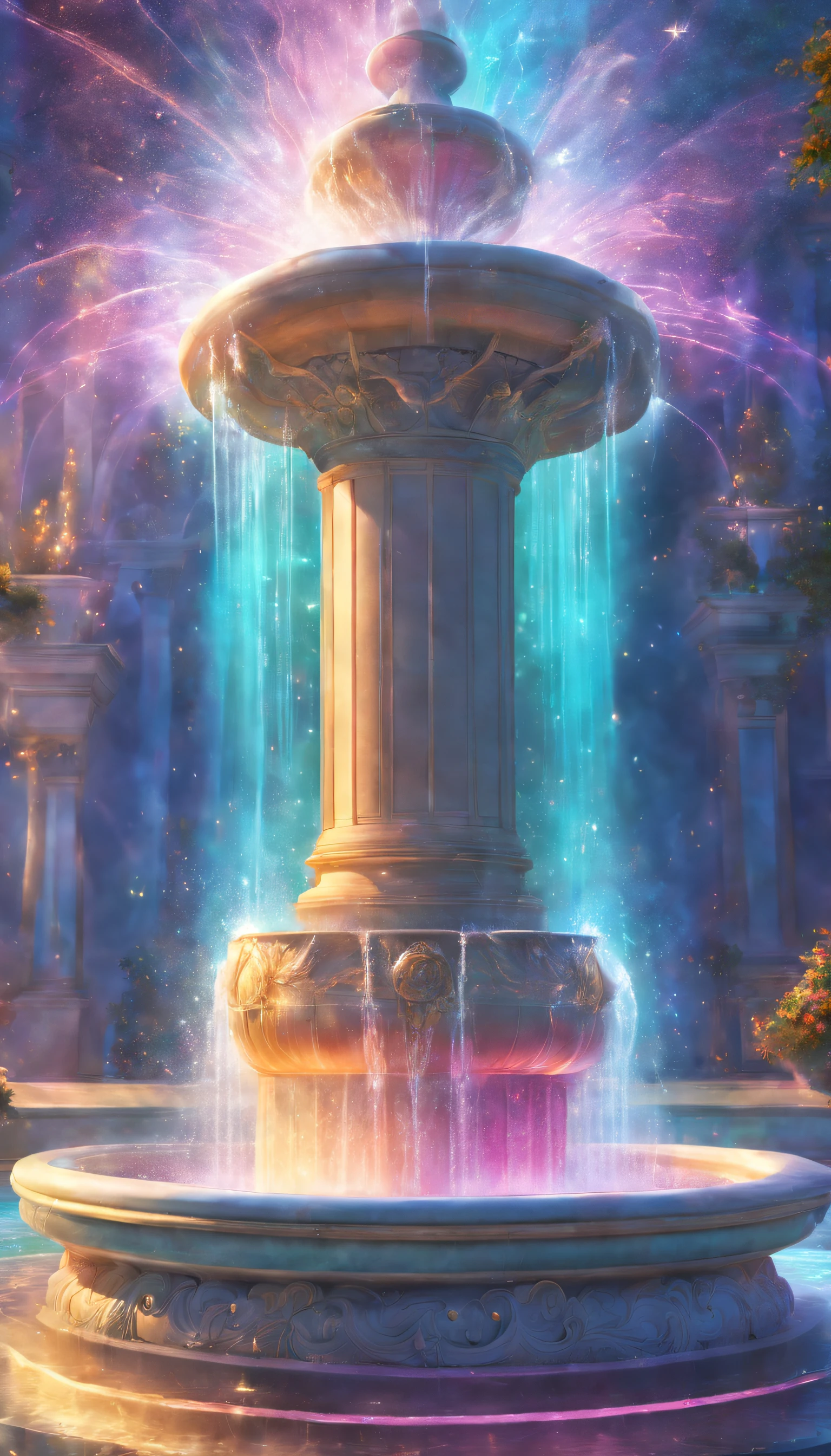 colorful fountain,breath-taking rendering,Within a radiant connection,Magical elements,much wow,It's beautiful,Cast colorful spells,Bright flash,flash lights