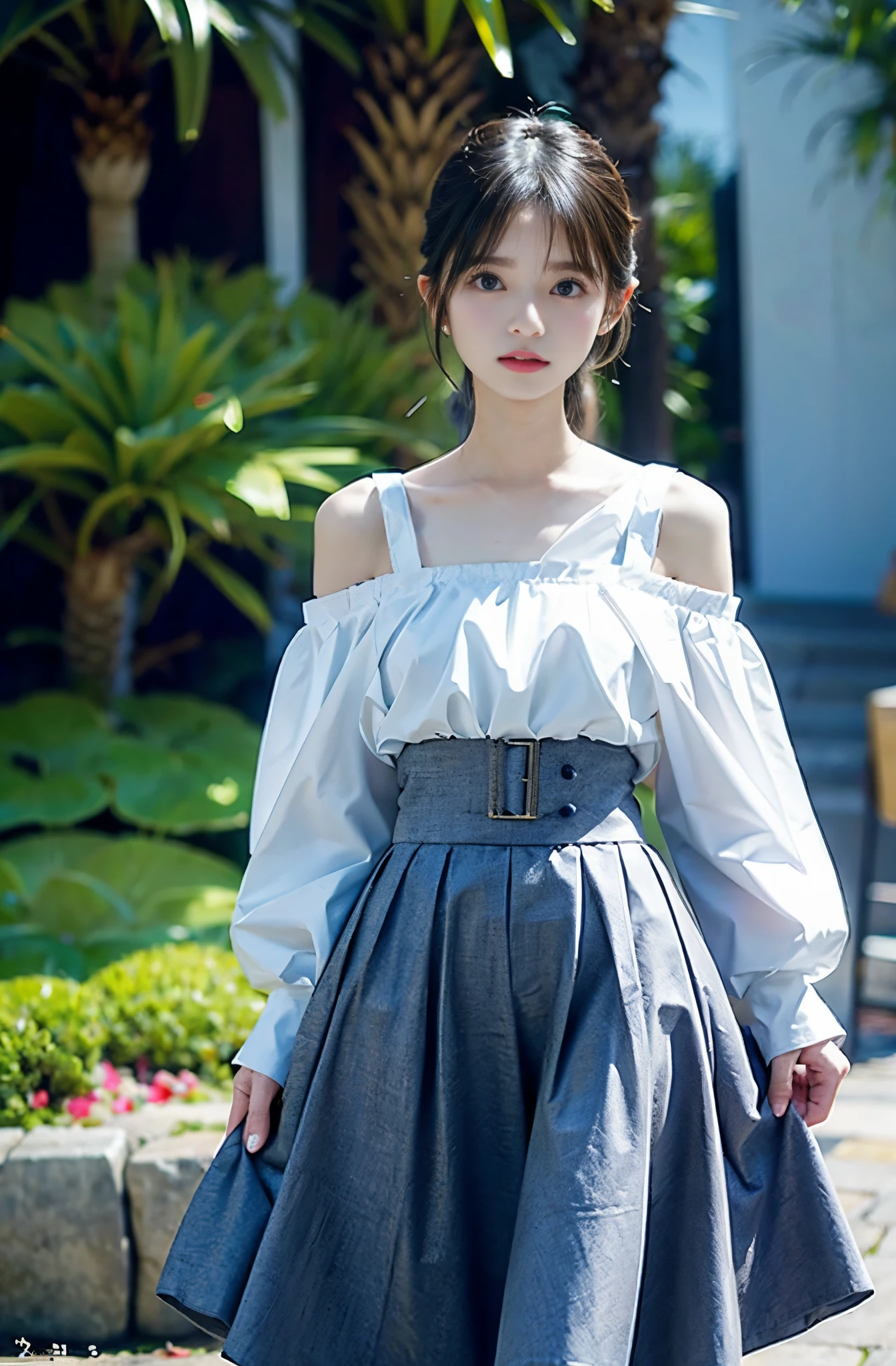 The off-the-shoulder top is available in white only、long skirt
