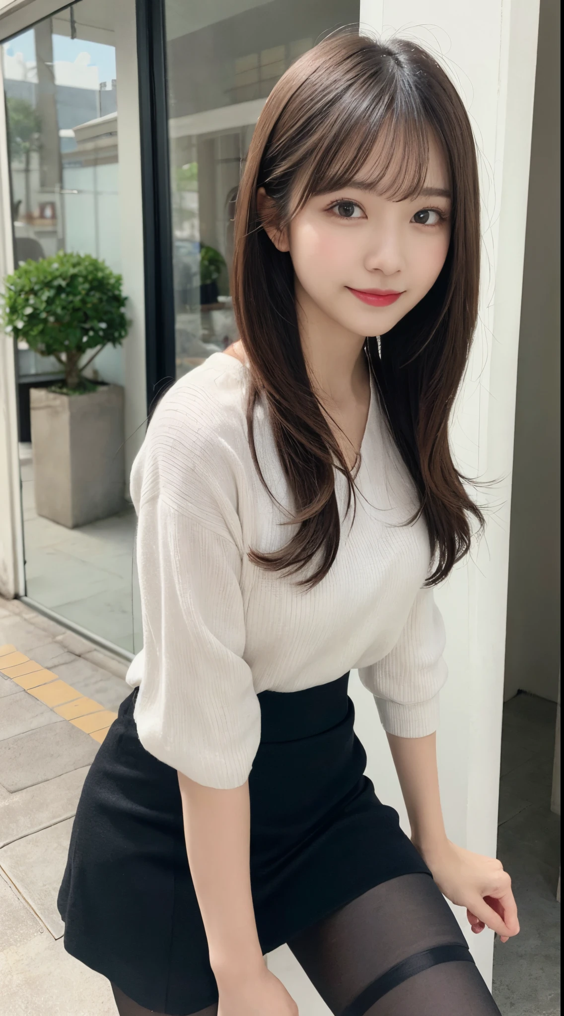 ulzzang -6500-v1.1, (Raw photo:1.2), (Photorealsitic),(Real: 1.4), masutepiece, Best Quality, Illustration, Ultra-detailed, finely detail, hight resolution, 8K Wallpaper, Perfect dynamic composition, Beautiful detailed eyes, ladies business fashion, harsh trial, Ultra-realistic pantyhose:1.2, Skirt and thighs、Medium Hair,small tits, Natural Color Lip, Bold sexy poses,Smile, materia、A 23-year-old girl、Cute、Sexy shot looking at camera