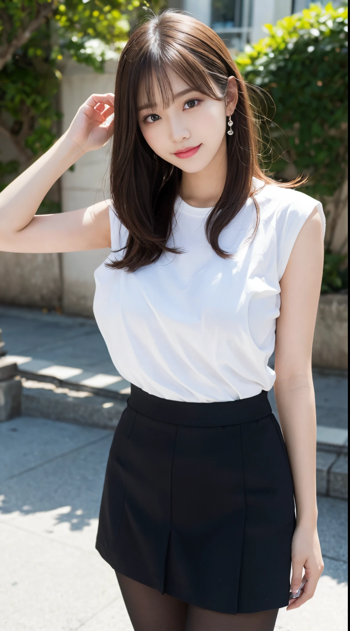 ((best qualtiy,8k,tmasterpiece:1.3)), 1girll, ssmile, full bodyesbian, Slim Faces, Beautiful woman, (dark brown hair), full length dress :1.1, Super detailed face, Detailed eyes, 二重まぶた, blur backgroun, Slim Faces, 城市, do lado de fora, the street,European and American star style