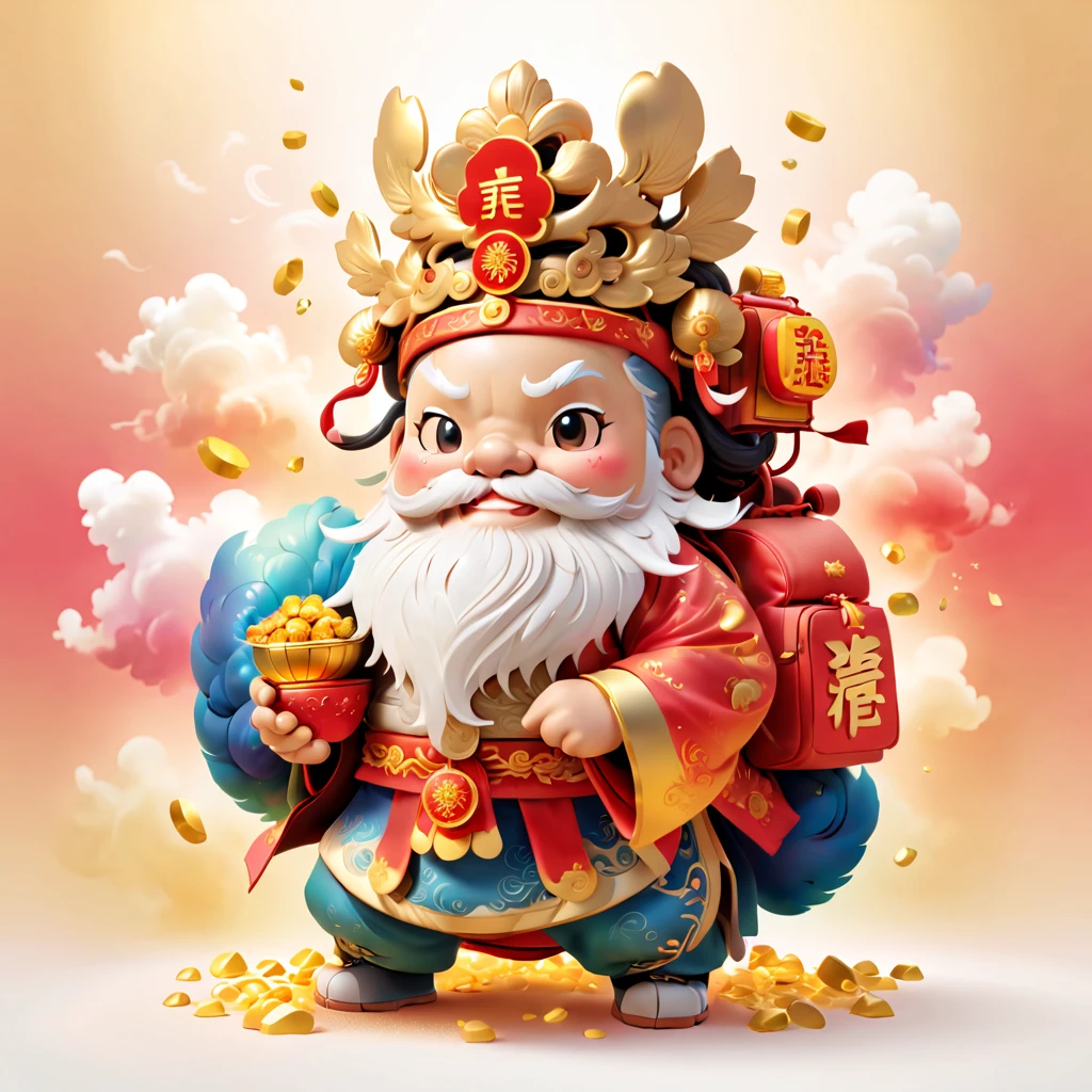 Game character design，3D character rendering，(((Vector illustration style)))，(Chinese - chic Chinese mythological God of Wealth, anatomically correct, oriental elements), (A lovely God of Wealth，Riding an e-bike，Backpack packed with gold ingots，Treasures follow), (Chinese Colors, Advanced Color Matching, Gradient Background, White Background: 1.5), (Very Detailed, Well Designed, Clear Lines, High Definition, Best Quality, Masterpiece, Official Art, Cinematic Lighting Effects, 8K)， (Full body shot: 1.5), ((Chinese element background，Auspicious cloud background)), (pov, first-person view, Ghibli-like colours, Luminism, cinematic lighting, UHD, masterpiece, ccurate, anatomically correct, textured skin, super detail, high details, high quality, award winning, best quality, 16k), Pop Mart blind box, 3Drenderingof