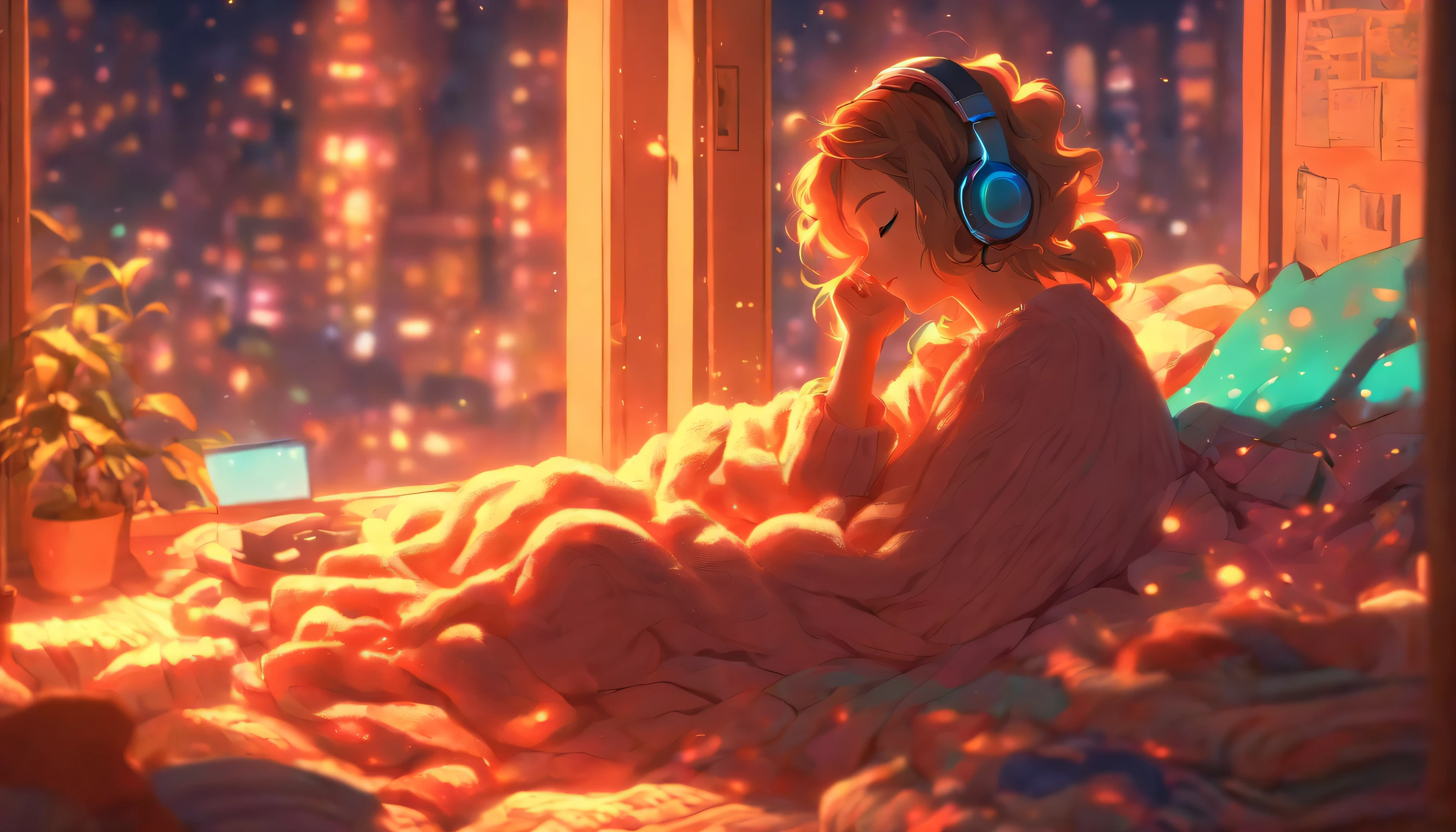 a girl, lying sleeping, wearing a big sweater, wearing headphones, legs covered with a blanket, lofi, calm, calm atmosphere, in her room looking at the window, cool, night, quiet night, masterpiece, best quality