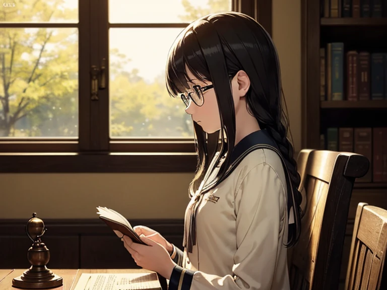 (Best Quality,4K,8K,hight resolution,masutepiece:1.2),wears glasses、Braids、A dark-haired、a sailor suit、profile、Looking down、Reading a book with both hands、Slender fingers turning the pages、Ultra-detailed,(Realistic,Photorealistic,Photorealsitic:1.37),Indoor,Japanese high school library、Quiet and quiet atmosphere,Golden sunlight shining through the window,Bookcase full of books,wooden desk with vintage lamp,leather binding,,Whispering silence,perfect symmetry of shelves,,peaceful ambiance,A page where a gentle breeze blows,turn pages in the air,mind focused on reading,stillness in the air,peaceful and calm energy,,Thoughtful expression,curiosity in her eyes,Intense concentration,the stillness of her posture,the sound of a ticking clock,When it's quiet