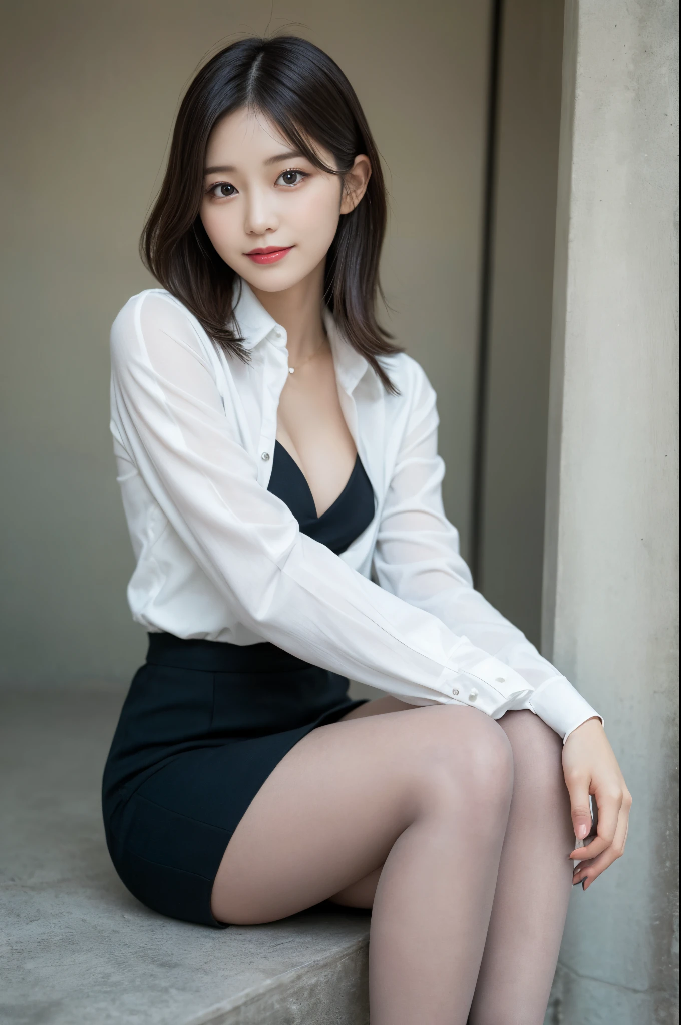 ulzzang -6500-v1.1, (Raw photo:1.2), (Photorealsitic),(Real: 1.4), masutepiece, Best Quality, Illustration, Ultra-detailed, finely detail, hight resolution, 8K Wallpaper, Perfect dynamic composition, Beautiful detailed eyes, ladies business fashion, harsh trial, Ultra-realistic pantyhose:1.2, Skirt and thighs、Medium Hair,small tits, Natural Color Lip, Bold sexy poses,Smile, materia、A 23-year-old girl、Cute、Sexy shot looking at camera, realistic skin textures、shinny skin、Exposed thighs!!!