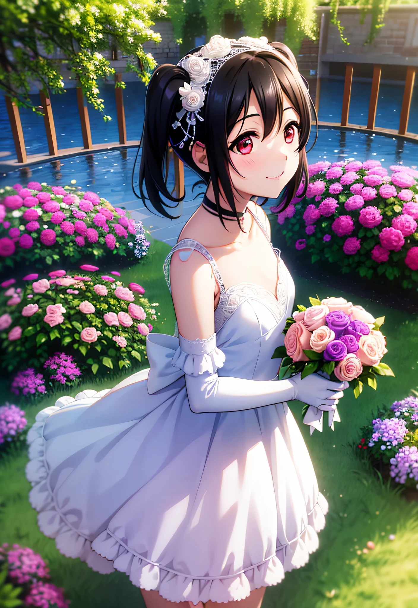 irl ,solo, masterpiece, full hd , best quality, yazawa nico, twintails, short hair, black hair, red eyes, small breast, highly detailed BREAKmasterpiece, best quality, highres, aacocoa, short hair, hair ornament, wedding dress, white gloves, elbow gloves, white dress, garden, standing, smile, holding bouquet,
hands, perfect anatomy),