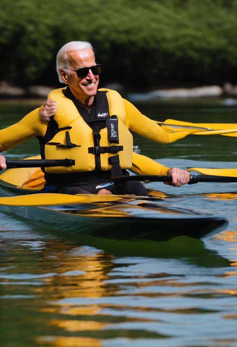 A photo of Joe Biden leisurely kayaking on a serene lake,original, Joe Biden, the President of the United States, is typically seen in a suit and tie, often with a smile and aviator sunglasses, which have become somewhat of a trademark look for him. He has white hair, blue eyes, and is known for his friendly demeanor.