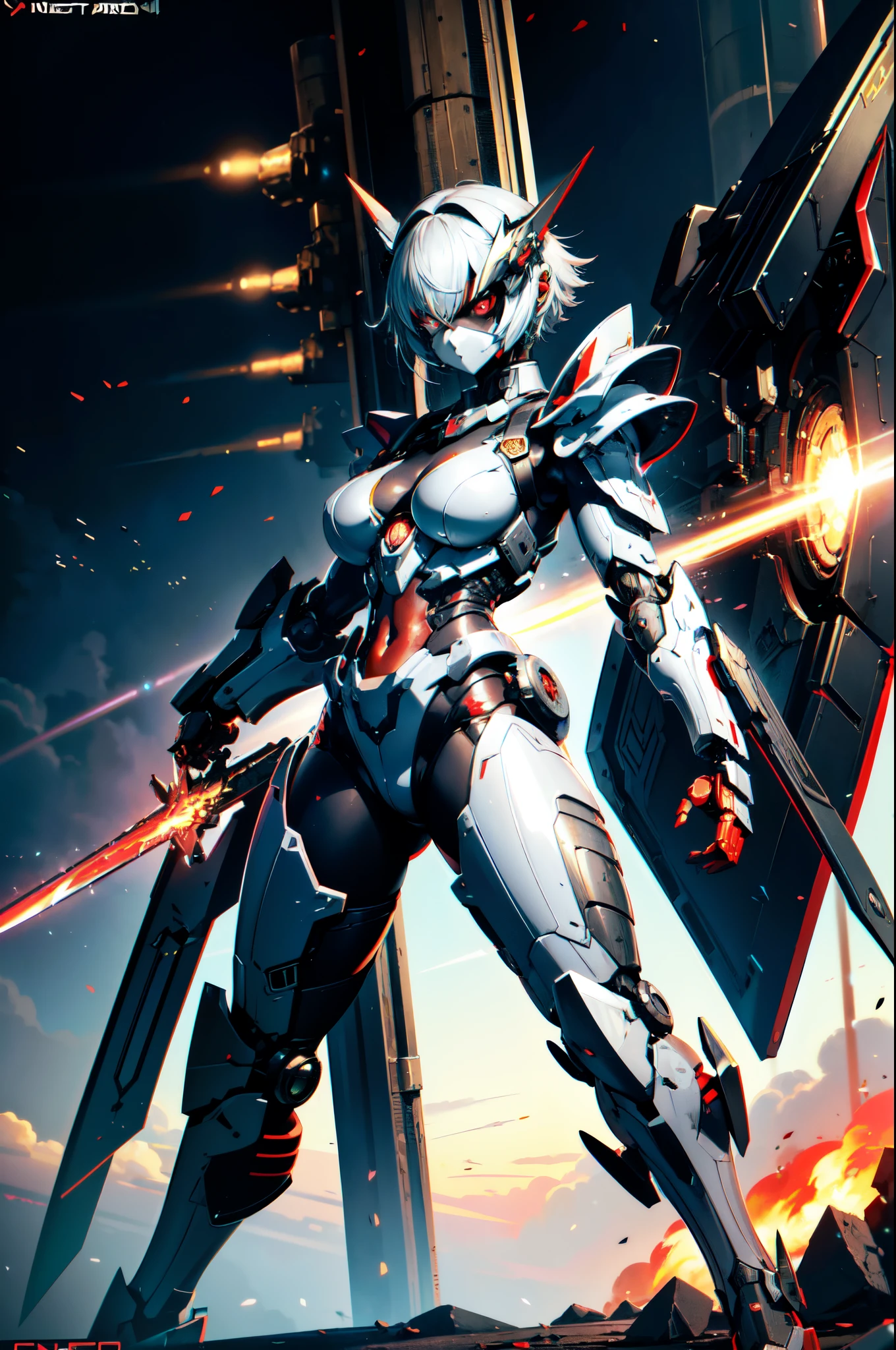 girl,Huge breasts,arms, sword, armor, Keep arms, Keep, Keep sword, Solitary, Gloves, cape, red cape, full armor, helmet, Tear cape, Male focus, permanent, Luminescence, shoulder armor, Red Theme, Scapula, Chest plate, Tear clothes, Oil residue, crack, trumpet, knight, Tear, armored boots,Generate detailed and beautiful female human-machine hybrids, This tip gives a fascinating and detailed description of human hybrids, Show organic、Seamless integration of mechanical and cybernetic elements. Fighter jets should have advanced technology, Seamless integration with biometrics, The result is a powerful and visually stunning creature，Stimulate people's imagination. In this unique design，The balance between the natural world and cutting-edge technology, Strengthening the exoskeleton, Upper body huge breasts, Front view, Facing forward, Fighting Stance 