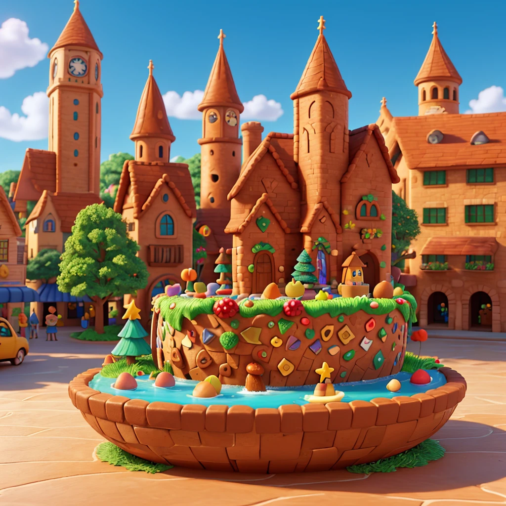 cartoonish style, Estilo Pixar, 3D style, Octan Render, on the square in the center of the cartoon gingerbread city there is a cartoon fountain in the shape of a sea shell or a cornucopia, water and various cartoon fruits flow out of this fountain, a closeup of a, Cheerful residents of the gingerbread town stand near the fountain, Top view