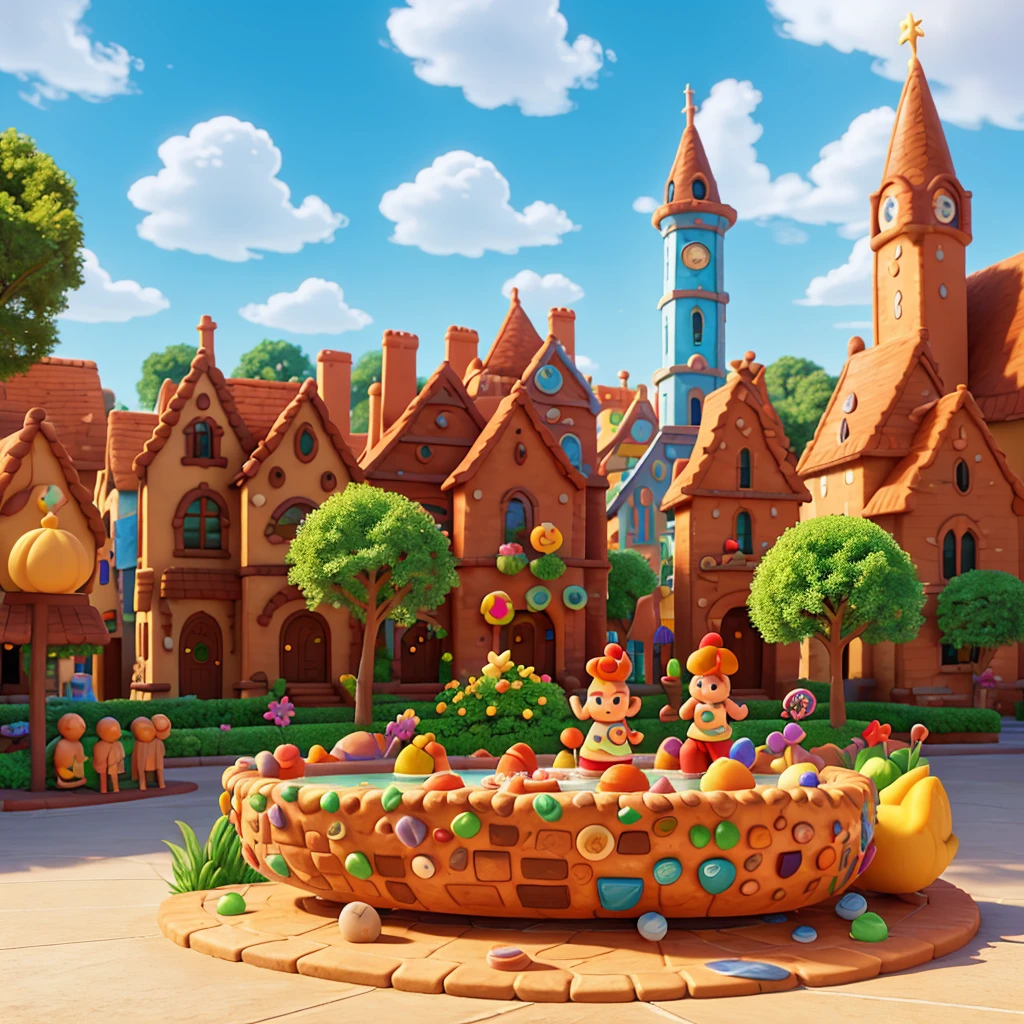 cartoonish style, Estilo Pixar, 3D style, Octan Render, on the square in the center of the cartoon gingerbread city there is a cartoon fountain in the shape of a sea shell or a cornucopia, water and various cartoon fruits flow out of this fountain, a closeup of a, Cheerful residents of the gingerbread town stand near the fountain, Top view