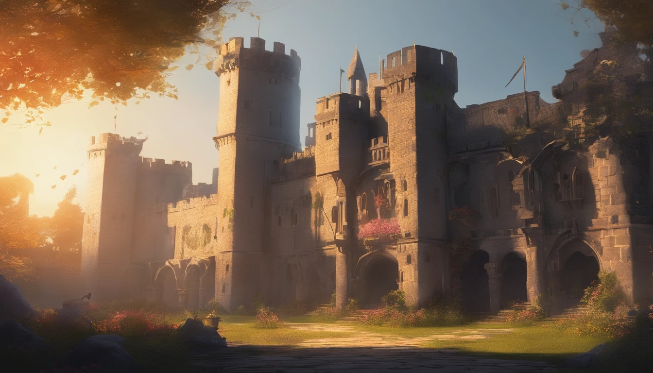 inside a medieval castle courtyard garden in late evening, the sun has mostly set and it is growing cold, side view