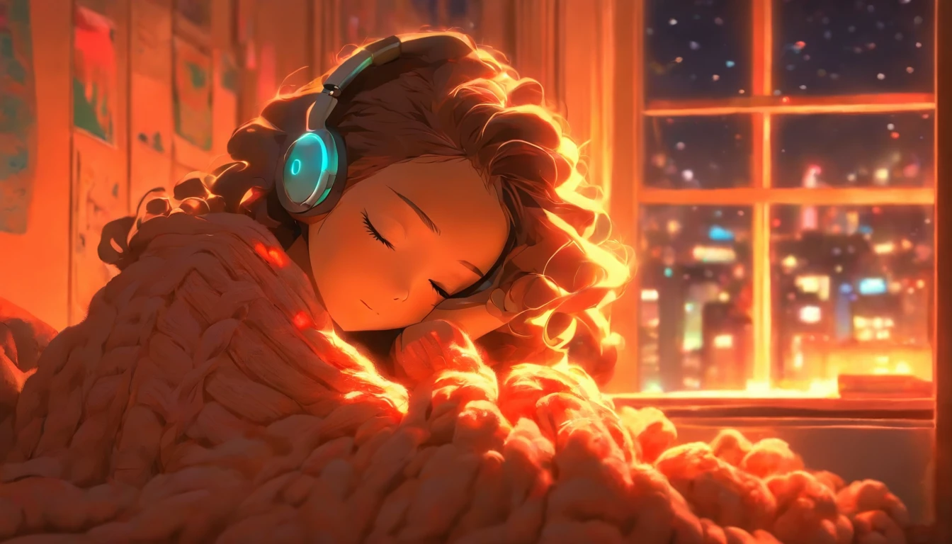 a girl, lying sleeping, wearing a big sweater, wearing headphones, legs covered with a blanket, lofi, calm, calm atmosphere, in her room looking at the window, cool, night, quiet night, masterpiece, best quality