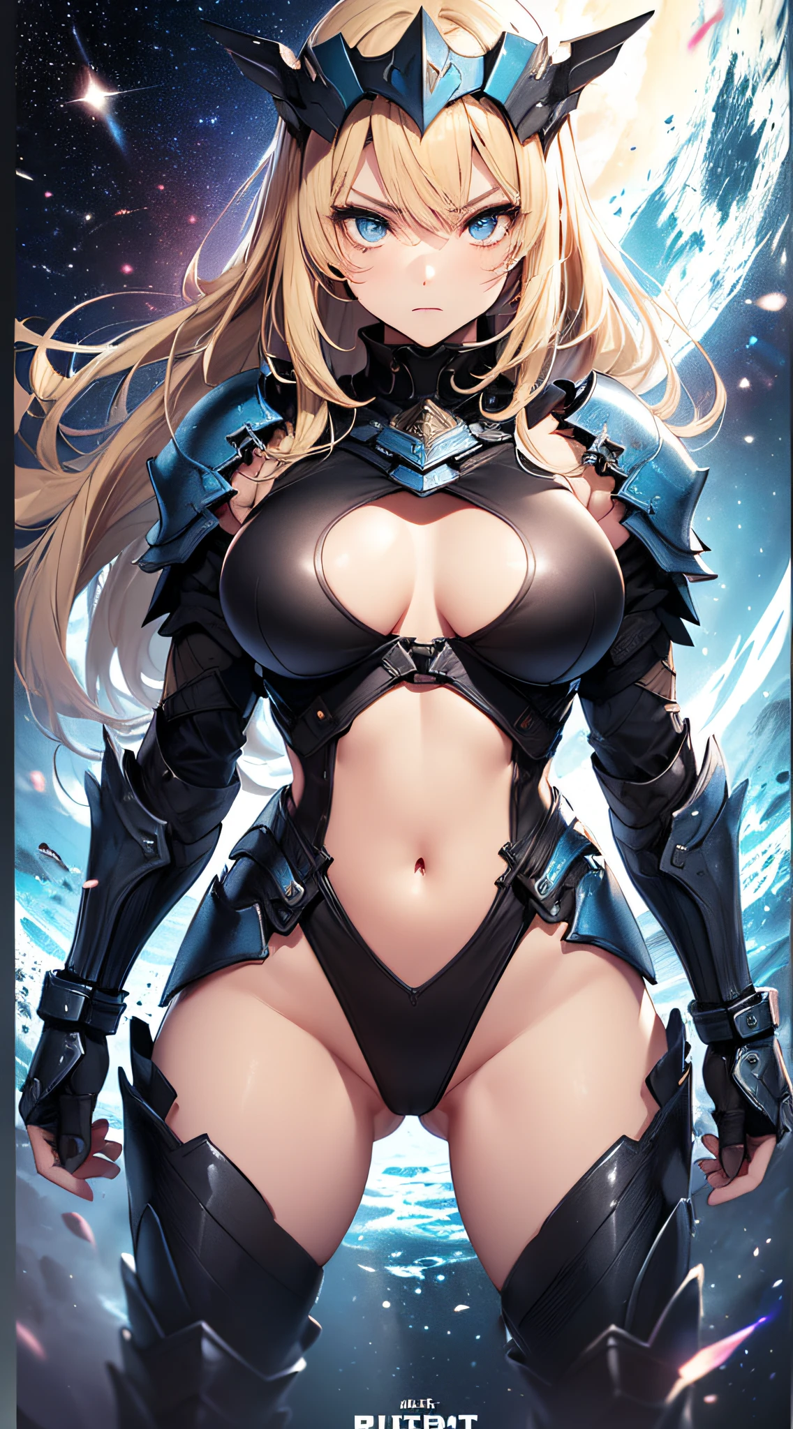 top-quality、Top image quality、masterpiece、girl with((Red Leotard、Black Mechanical Armor、sixteen years old、 ager、cute little、Best Bust、big bast,Beautiful light blue eyes、Breasts wide open, a blond、A slender,Large valleys、belligerent movements,Warlike face、fighting poses、Sword in right hand、shield in left hand、Navel Tank Top、posterior view、Emphasis on the buttocks)),hiquality、Beautiful Art、Background with((universes)))、Depth((black hole)),masutepiece、depth of fields,Cinematic style