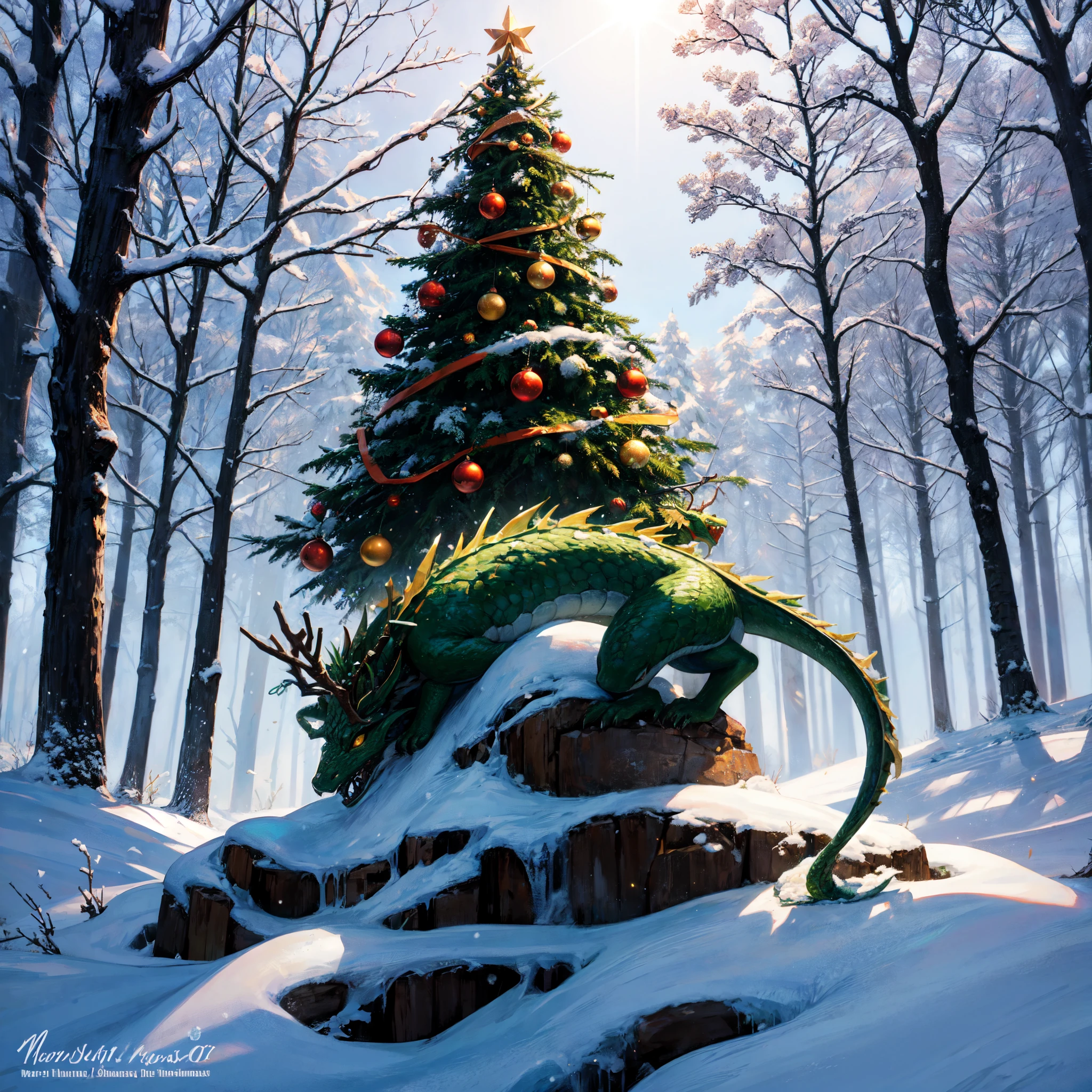 green dragon around the Christmas tree,winter,snow,sun,festive christmas tree,