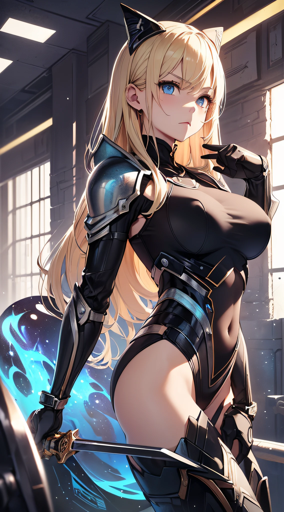 top-quality、Top image quality、​masterpiece、girl with((Red Leotard、Black Mechanical Armor、sixteen years old、teen ager、cute little、Best Bust、big bast,Beautiful light blue eyes、Breasts wide open, a blond、A slender,Large valleys、belligerent movements,Warlike face、Sword in right hand、shield in left hand、Navel Tank Top、Sit up)),hiquality、Beautiful Art、Background with((universes)))、Depth((black hole)),masutepiece、depth of fields,Cinematic style