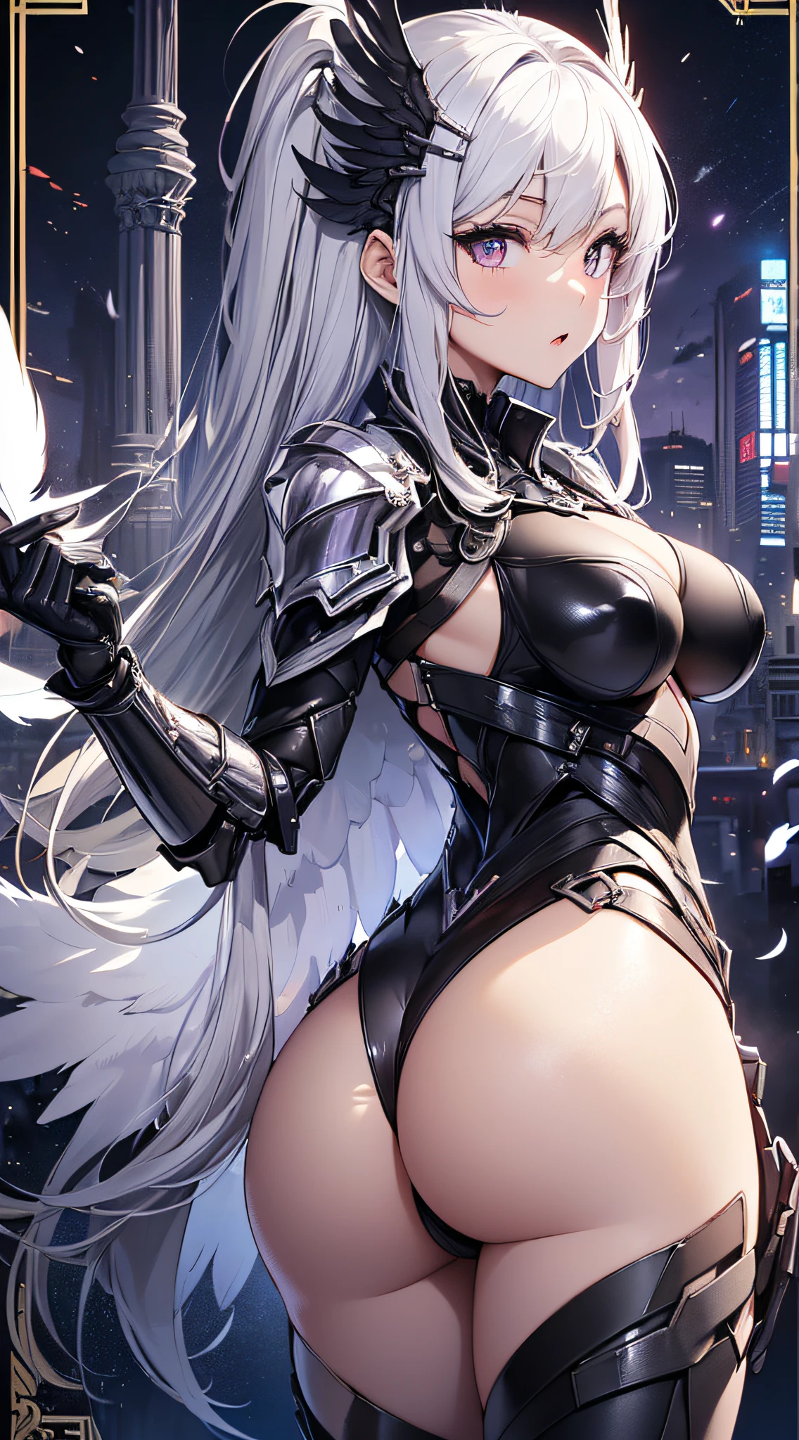 top-quality、Top image quality、​masterpiece、girl with((Silver and black mechanical body armor、silver mechanical arm、silver leg arms、Shining red body line、、teen ager、cute lit Bust、big bast,Beautiful shining purple eyes、Breasts wide open, white  hair、black mechanical wings,Longhaire、A slender,Large valleys、belligerent movements,holds a black sword、posterior view、emphasis on the buttocks)),hiquality、Beautiful Art、Background with((Midnight City、Pillar of fire、fluttering white feathers)))、,masutepiece、depth of fields,Cinematic style