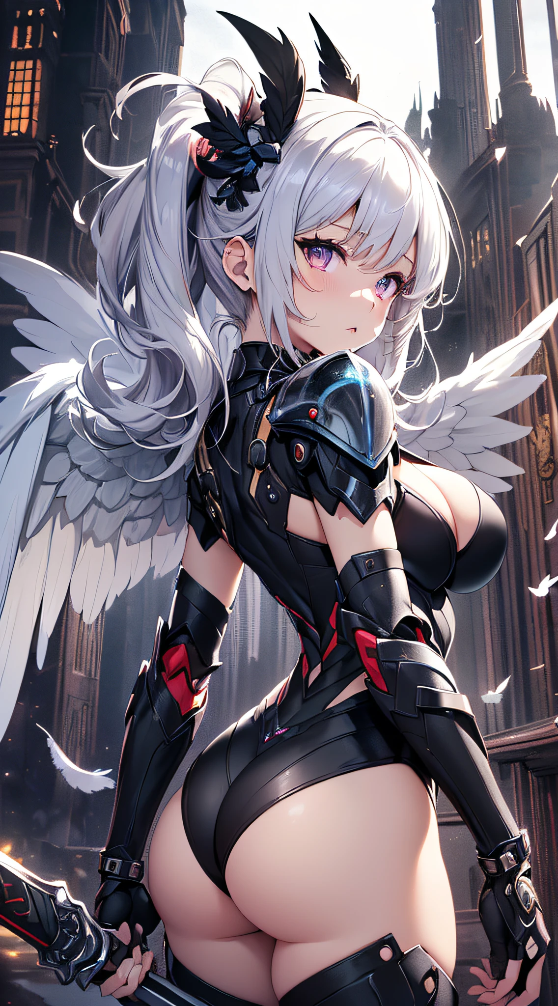 top-quality、Top image quality、masterpiece、girl with((Silver and black mechanical body armor、silver mechanical arm、silver leg arms、Shining red body line、sixteen years old、 ager、cute little、Best Bust、big bast,Beautiful shining purple eyes、Breasts wide open, white hair、black mechanical wings,Longhaire、A slender,Large valleys、belligerent movements,holds a black sword、posterior view、emphasis on the buttocks)),hiquality、Beautiful Art、Background with((Midnight City、Pillar of fire、fluttering white feathers)))、,masutepiece、depth of fields,Cinematic style