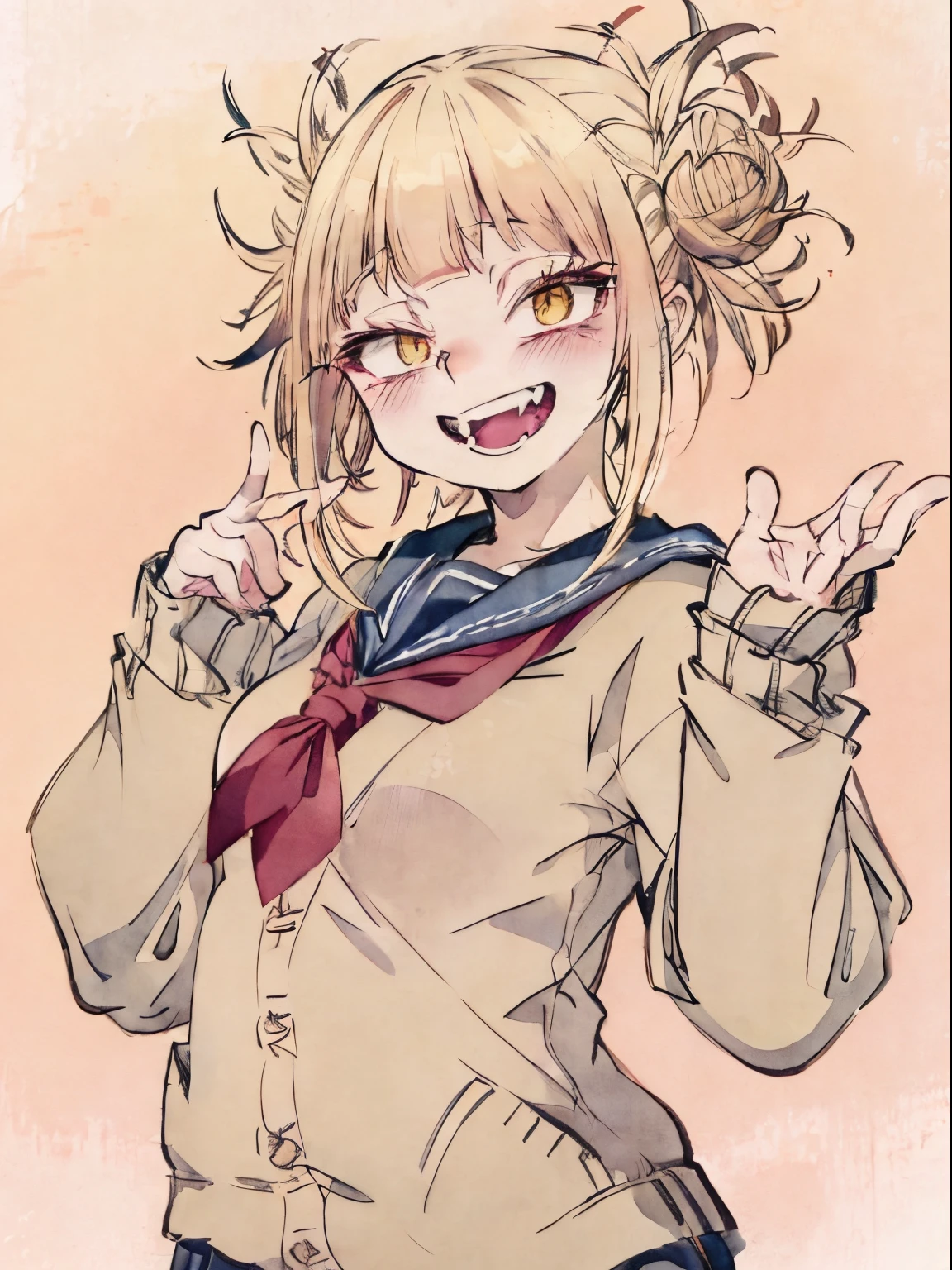 Himiko Toga, 1girl in, Solo, bags under eyes, blush, Open mouth, Box, Looking at Viewer, tusk, Holding, (Cardigan:1.2), Evil smile, grinning evily, (Crazy smile:1.2), Long sleeves, tusk, gift, Upper body, blue sailor collar, holding gift, free pose, Watercolor style