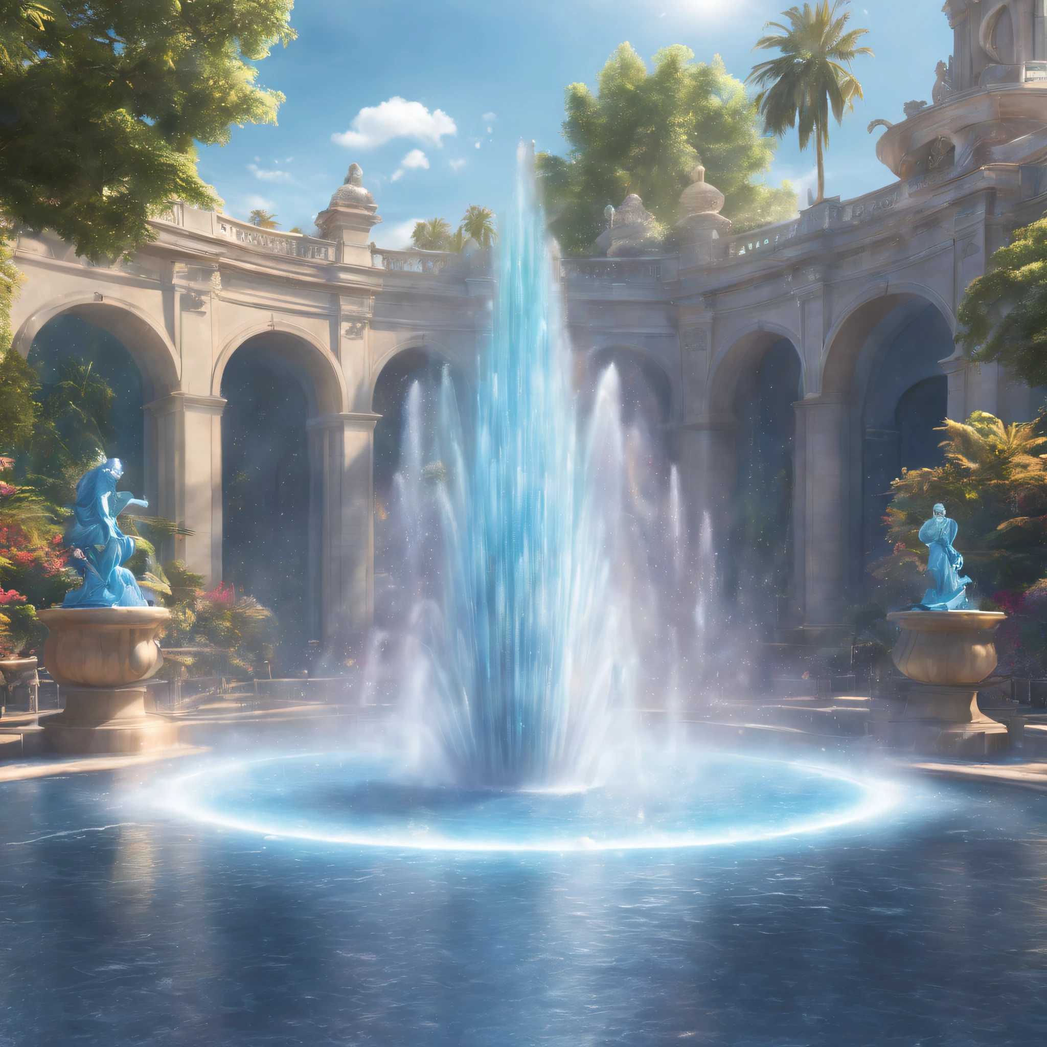 (best quality,4k,8k,highres,masterpiece:1.2),ultra-detailed,(realistic,photorealistic,photo-realistic:1.37),colorful magical fountain,sparkling water,glowing lights,shimmering reflections,vibrant colors,dynamic movement,mesmerizing art installation,pulsating jets of water,ethereal atmosphere,colorful streams,illuminated surroundings,playful light effects,dazzling spectacle,beaming water spray,water droplets glistening in the sunlight,dancing water patterns,effervescent display,rainbow-hued cascades,rhythmic water choreography,lively interactive experience,luminous spray of water in the air,enchanting water feature,festive ambience,splashing water droplets,floaty misty atmosphere,joyful atmosphere,lively music playing in the background,joyful laughter and excitement filling the air,breathtaking visual feast,awe-inspiring beauty,stunning spectacle,magical experience