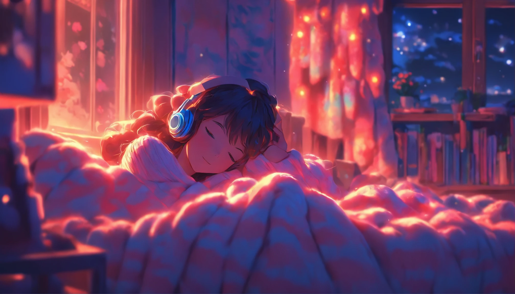 a girl, lying sleeping, wearing a big sweater, wearing headphones, legs covered with a blanket, lofi, calm, calm atmosphere, in her room looking at the window, cool, night, quiet night, masterpiece, best quality