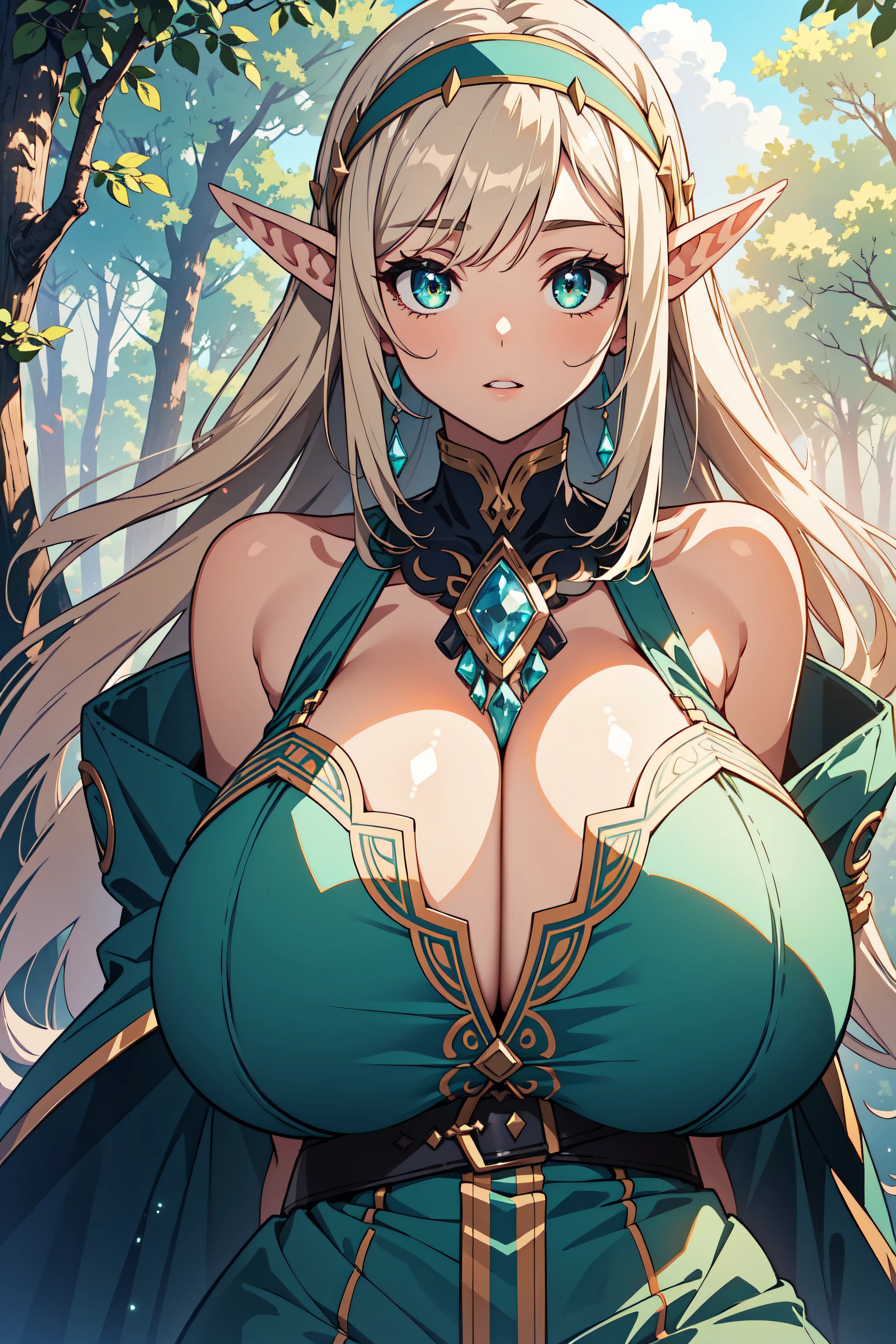 extreme quality, cg, detailed face+eyes, (bright colors), (anime), 1woman, impact, (Voluptuous), goddess, time stop, fantasy, (Elf), (gigantic breast:1.4), pointed ears, beautiful jewels, clouds, long curly ash blonde hair, (soft headband), masterpiece, top tier, extravagant, 8k, unity wallpaper, unreal engine 5, ray tracing, 8k, cinematic, varied depth of field, octane render, elegant, tone mapping, hyper focus, parted lips, arms behind back, dappled sunlight, (spring), nature, white sun dress, upper body photo, (morning glow), Curvaceous, (mint green eyes), horizon, picturesque scenery, deep cleavage, trees, looking at viewer, (forest),