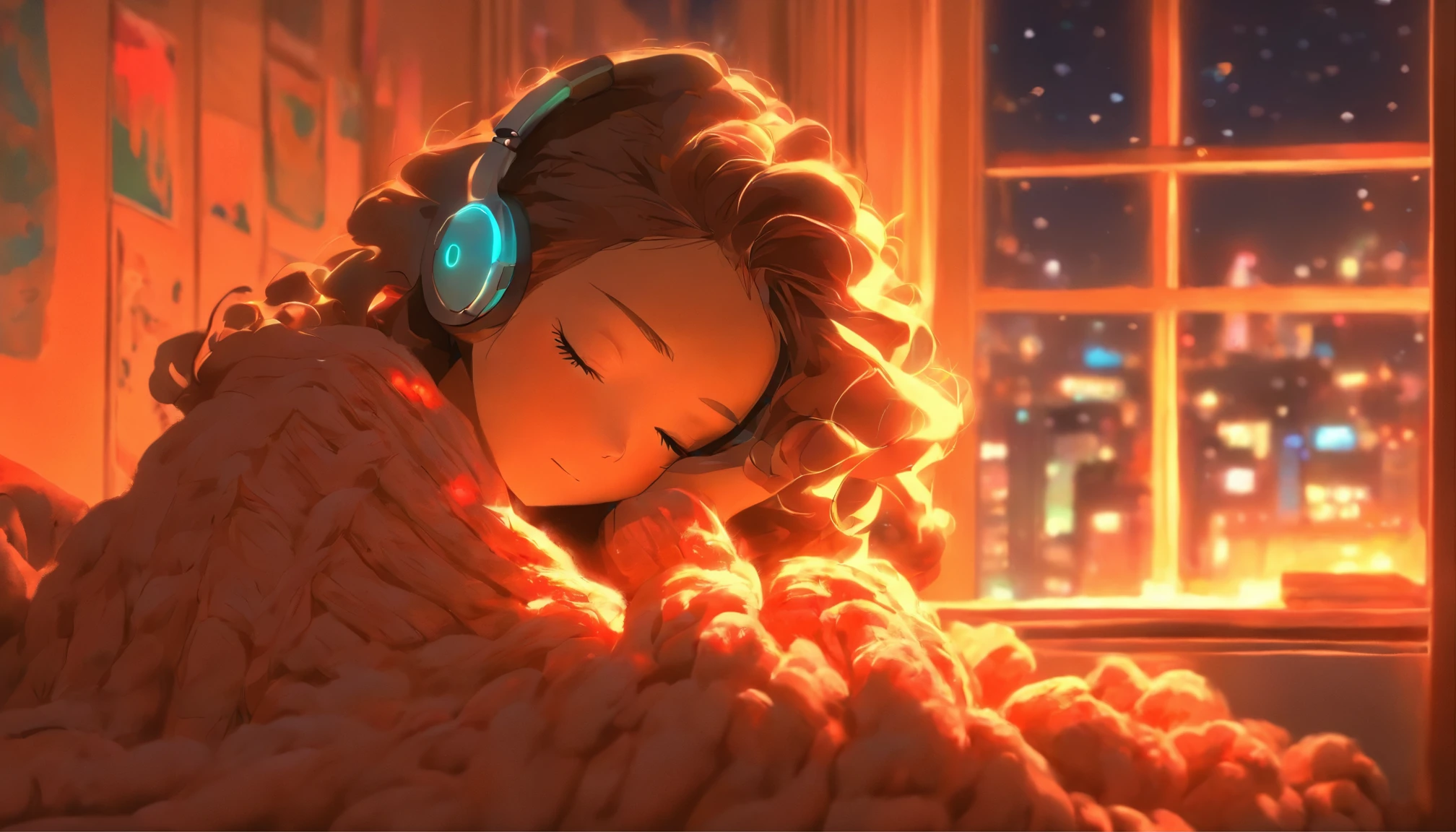 a girl, lying sleeping, wearing a big sweater, wearing headphones, legs covered with a blanket, lofi, calm, calm atmosphere, in her room looking at the window, cool, night, quiet night, masterpiece, best quality