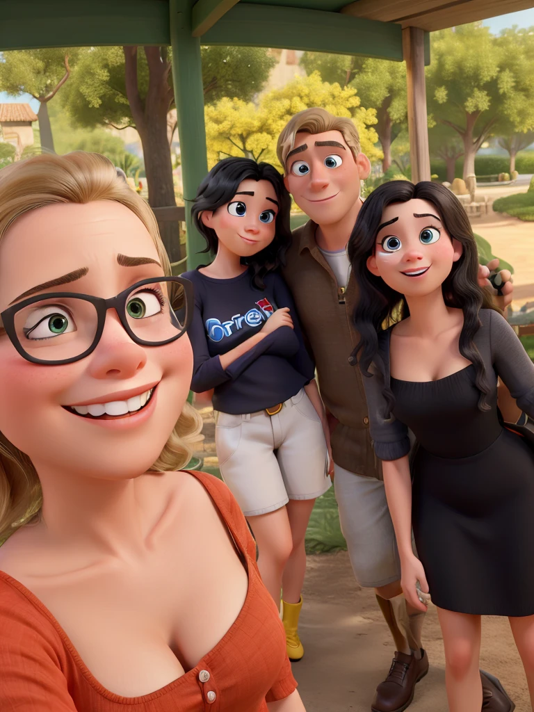 Obra-prima ao estilo Disney/Pixar in high quality and high resolution. The woman in front is blonde and the man has black hair.
