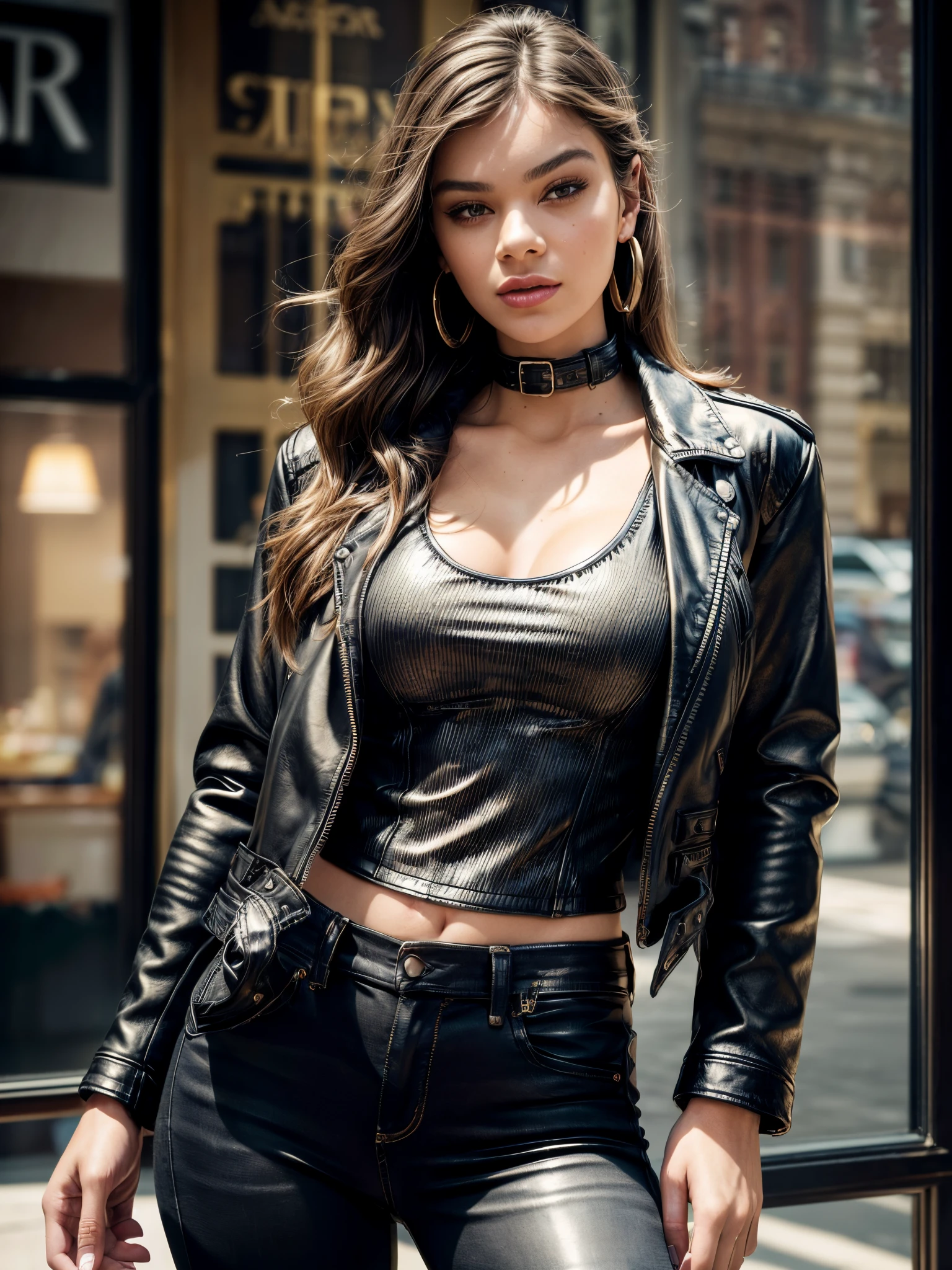 photo of beautiful woman, (black leather jacket:1.2), (red long sleeve top), (jeans), in a department store, natural light, (masterpiece:1.2) (photorealistic:1.2) (best quality) (detailed skin:1.2) (intricate details) (8k) (HDR) (cinematic lighting) (sharp focus), (looking at the camera:1.1), hoop earrings