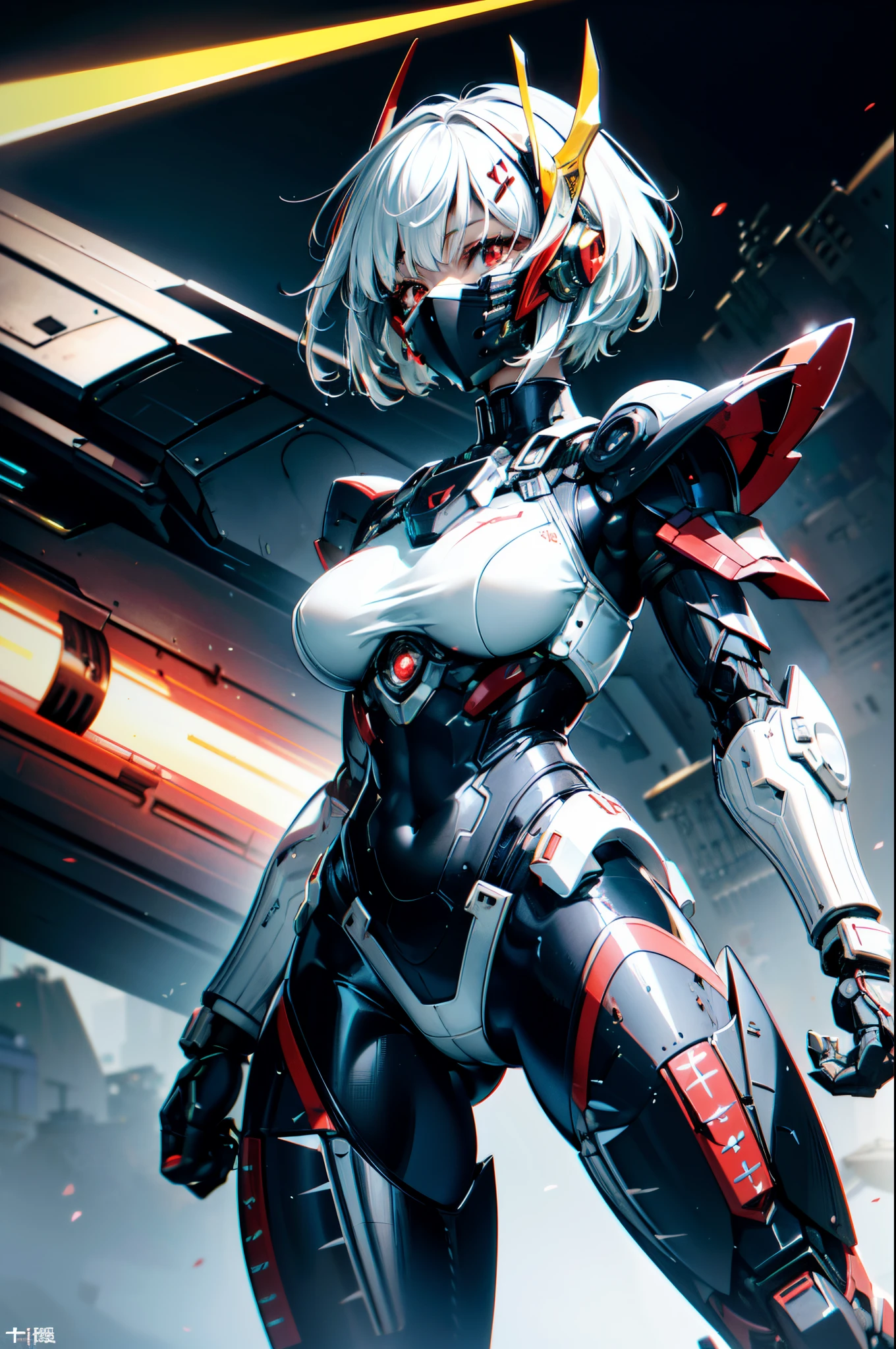 Extraordinary beautiful girl, fuselage, mechanical naked robot, mecha girl, White hair, Short hair details, (red eyes:1.3), Inorganic skin, science fantasy,intermittently, (Samurai sword), (Perfect Finger, 4fingers and 1thumbs), (There are thick armors on the limbs:1.5), (Lop, navel, absolutely_good memory), intermittently, red flames_shooting, Side focus, open stance, (Cybertech punk mask:1.2), There are huge thrusters on the waist, Side breasts, full bloom, ultra detailed concept art, The content is very detailed, hawken, sci-fi battlefield, tmasterpiece, Best quality, Capture super cute moments, depth of fields, ultra - detailed, 超高分辨率, c4d, octadale, 3D modeling, 8K, 16k,