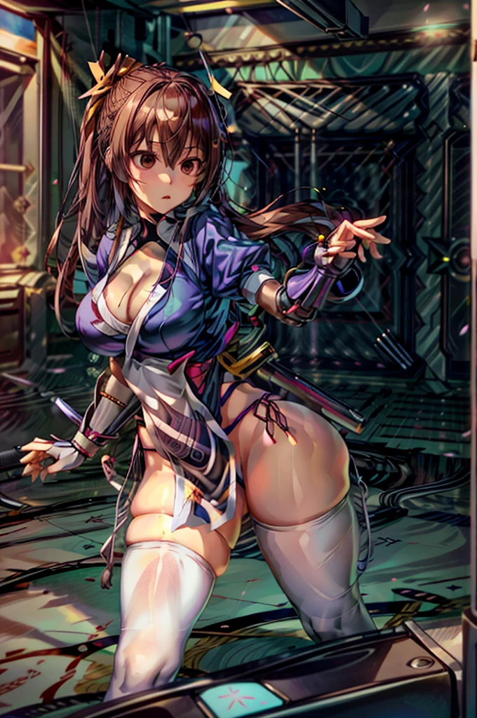 (masutepiece, Best Quality:1.3)
Kasumido, 1girl in, Solo, Long hair, breasts, Looking at Viewer, Bangs, Large breasts, Brown hair, thighs thighs thighs thighs, Dress, bow ribbon, cleavage, Brown eyes, medium breasts, Underwear, Standing, Panties, Hair Ribbon, braid, Short sleeves, Cowboy Shot, komono, Puffy sleeves, white thighhig, Puffy Short Sleeves, Lips, sash, pelvis curtain, Yellow Ribbon, Realistic, Nose, arm guards, The location,hypnoLora,
Empty eyes,Upright Pose,(Inside a futuristic and complex operational command center:1.6)