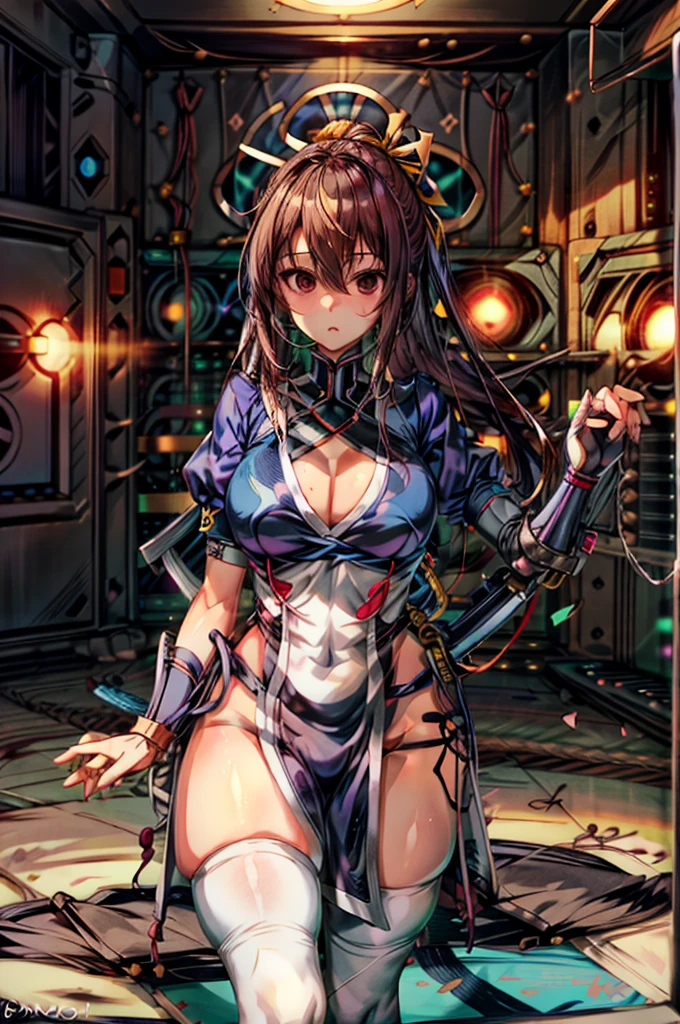(masutepiece, Best Quality:1.3)
Kasumido, 1girl in, Solo, Long hair, breasts, Looking at Viewer, Bangs, Large breasts, Brown hair, thighs thighs thighs thighs, Dress, bow ribbon, cleavage, Brown eyes, medium breasts, Underwear, Standing, Panties, Hair Ribbon, braid, Short sleeves, Cowboy Shot, komono, Puffy sleeves, white thighhig, Puffy Short Sleeves, Lips, sash, pelvis curtain, Yellow Ribbon, Realistic, Nose, arm guards, The location,hypnoLora,
Empty eyes,Upright Pose,(Inside a futuristic and complex operational command center:1.6)