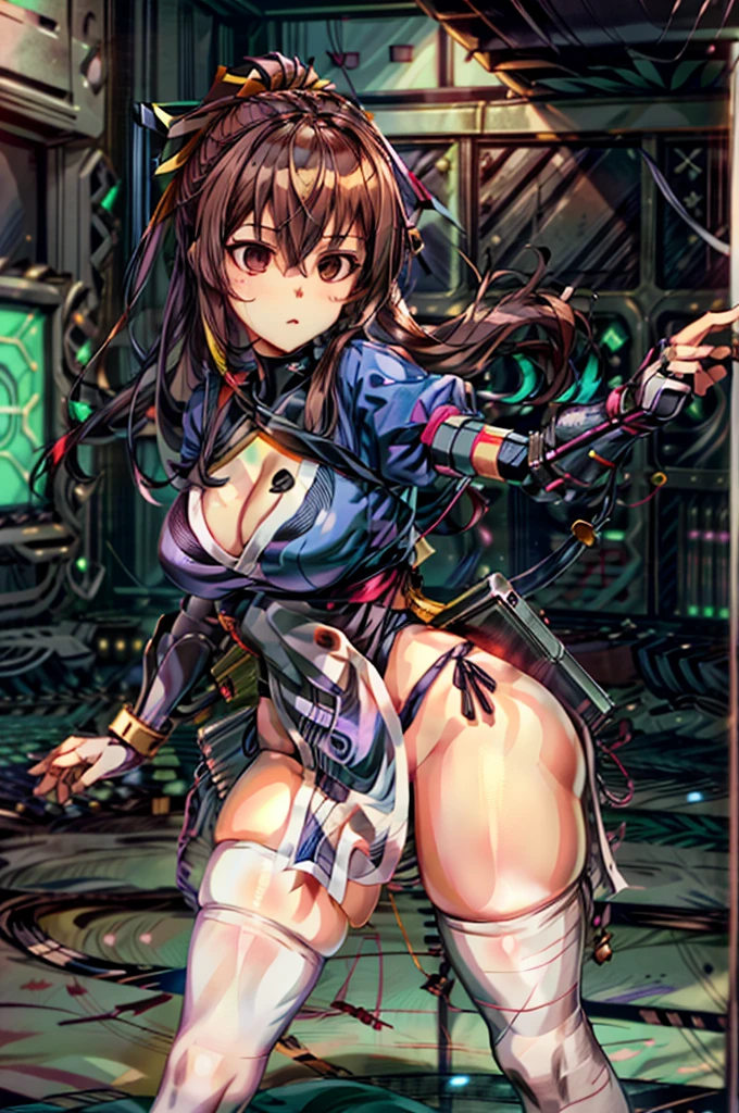 (masutepiece, Best Quality:1.3)
Kasumido, 1girl in, Solo, Long hair, breasts, Looking at Viewer, Bangs, Large breasts, Brown hair, thighs thighs thighs thighs, Dress, bow ribbon, cleavage, Brown eyes, medium breasts, Underwear, Standing, Panties, Hair Ribbon, braid, Short sleeves, Cowboy Shot, komono, Puffy sleeves, white thighhig, Puffy Short Sleeves, Lips, sash, pelvis curtain, Yellow Ribbon, Realistic, Nose, arm guards, The location,hypnoLora,
Empty eyes,Upright Pose,(Inside a futuristic and complex operational command center:1.6)