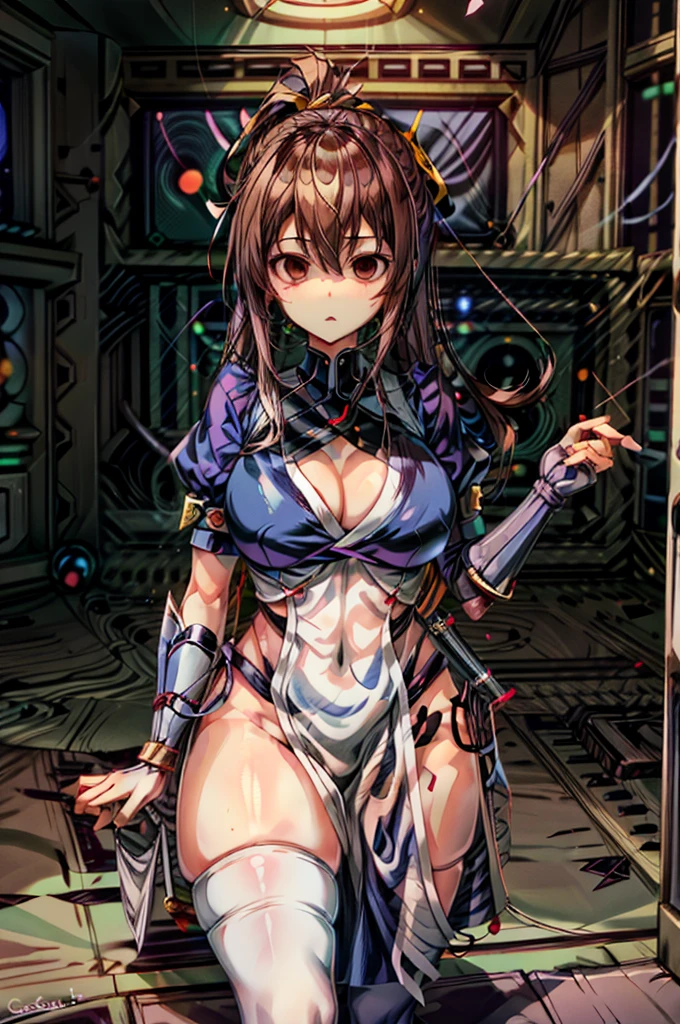 (masutepiece, Best Quality:1.3)
Kasumido, 1girl in, Solo, Long hair, breasts, Looking at Viewer, Bangs, Large breasts, Brown hair, thighs thighs thighs thighs, Dress, bow ribbon, cleavage, Brown eyes, medium breasts, Underwear, Standing, Panties, Hair Ribbon, braid, Short sleeves, Cowboy Shot, komono, Puffy sleeves, white thighhig, Puffy Short Sleeves, Lips, sash, pelvis curtain, Yellow Ribbon, Realistic, Nose, arm guards, The location,hypnoLora,
Empty eyes,Upright Pose,(Inside a futuristic and complex operational command center:1.6)