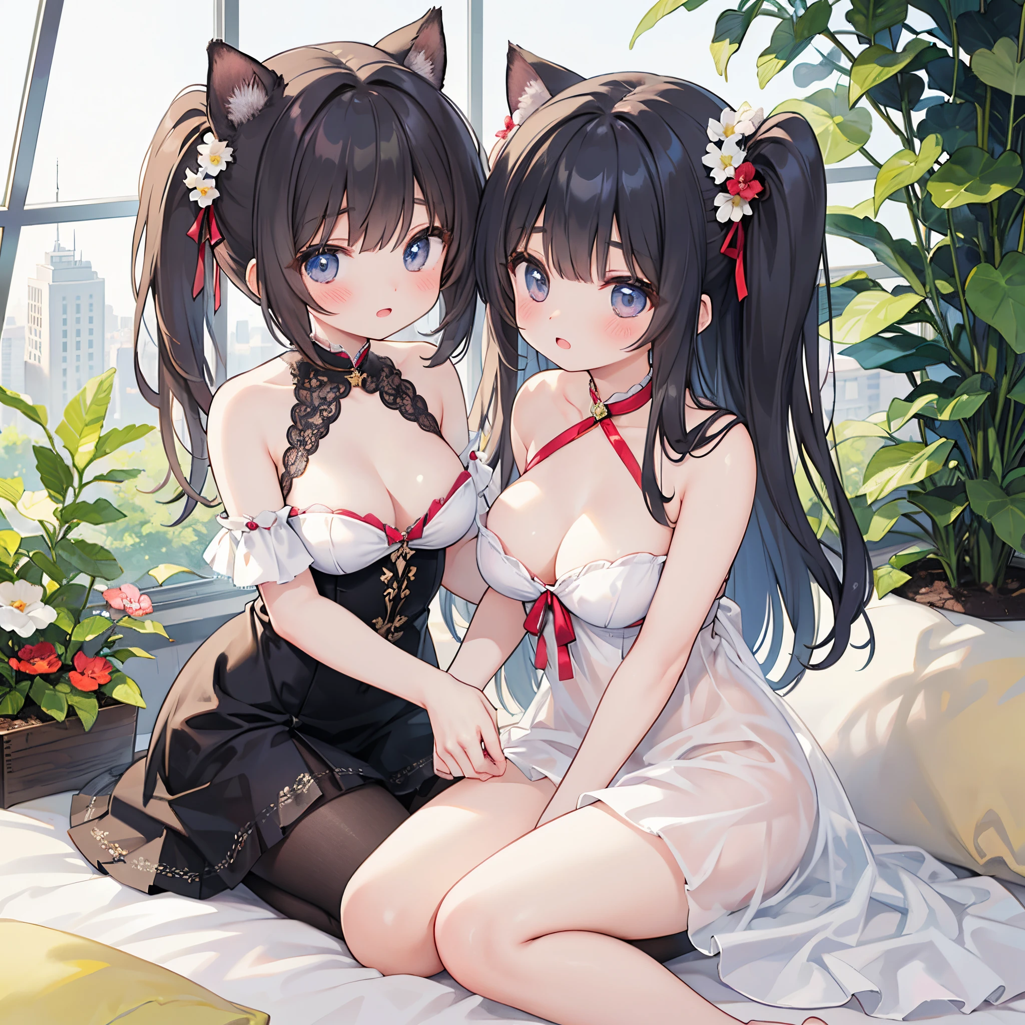 （Masterpiece）、(top-quality)、((ultra-detailliert))、(Super delicate)、Beautiful breasts、Two naughty animal-eared girls、mystical、Fantastical