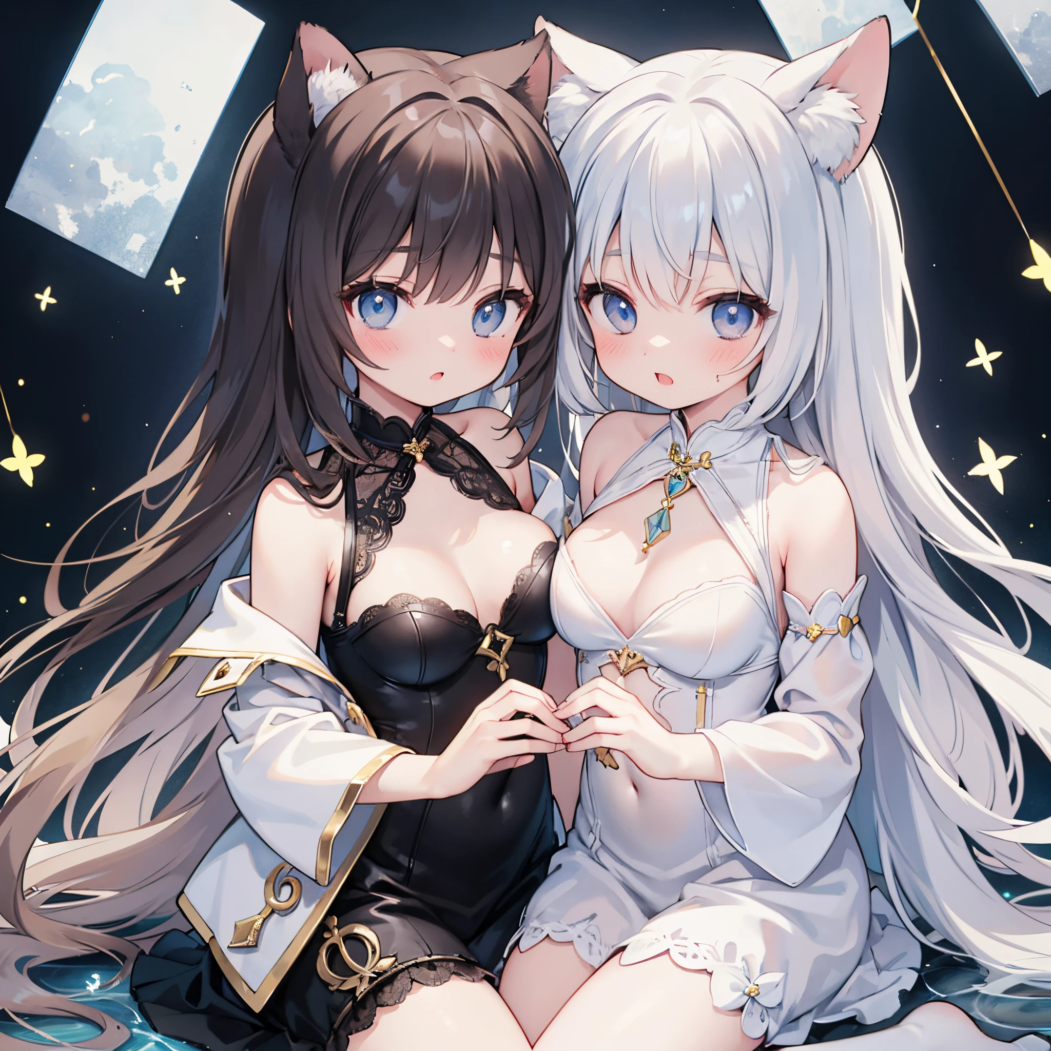 (Masterpiece)、(top-quality)、((ultra-detailliert))、(Super delicate)、Beautiful breasts、Two naughty animal-eared girls、mystical、Fantastical