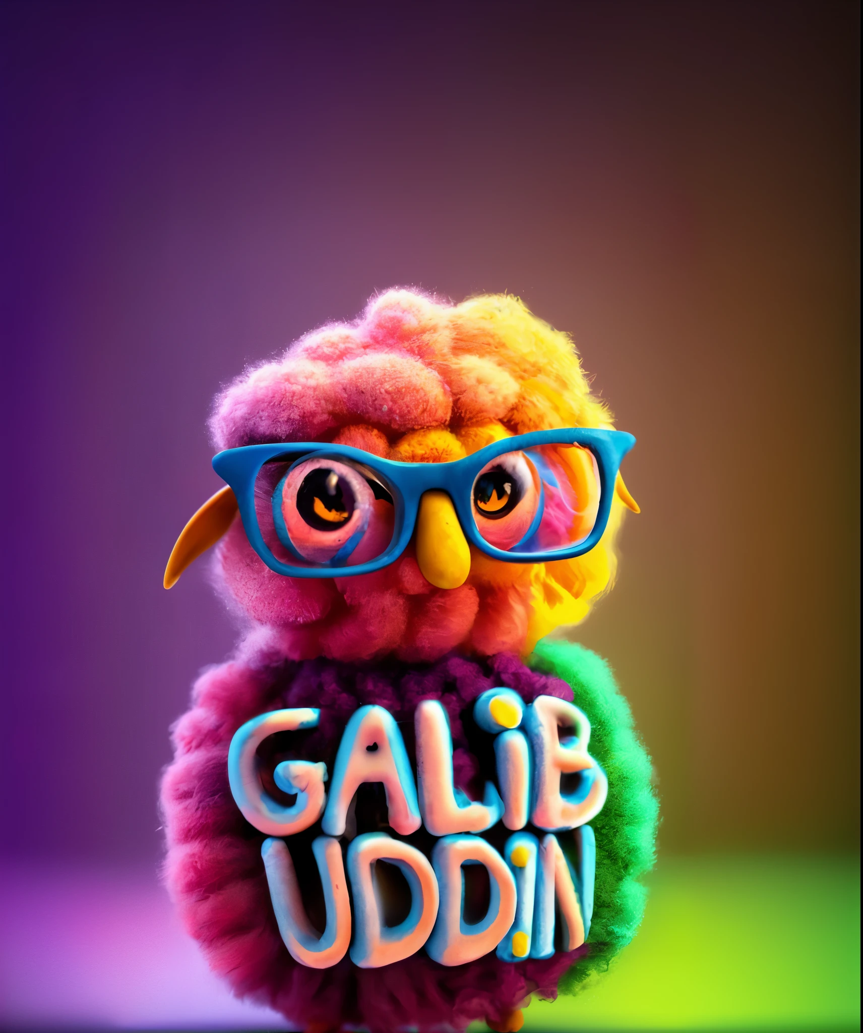 a colorful owl with glasses and a sign that says galip uddin, by Galen Dara, inspired by Abidin Dino, by Abidin Dino, inspired by Galen Dara, inspired by Gabrijel Jurkić, yellow calibri font, gaudy colors, official artwork, goblin, cute colorful adorable, calm vivid colors, cover art, adorable digital painting