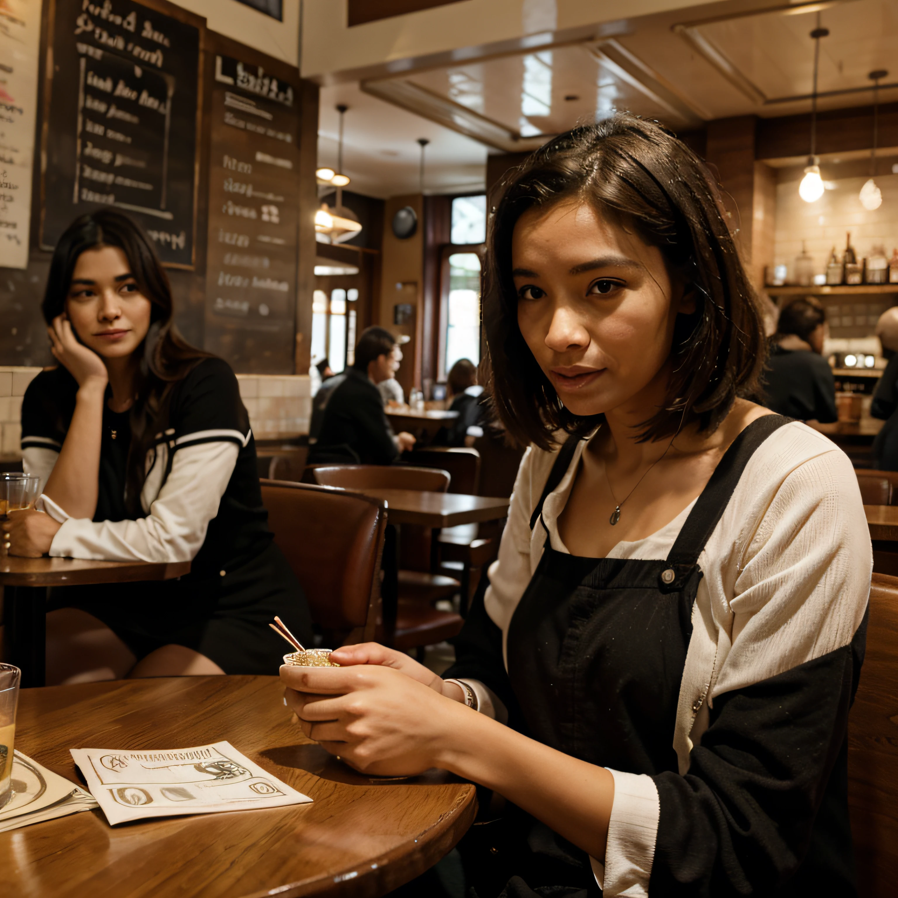 A strange man gives a woman a sum of money and talks to her in a cafe