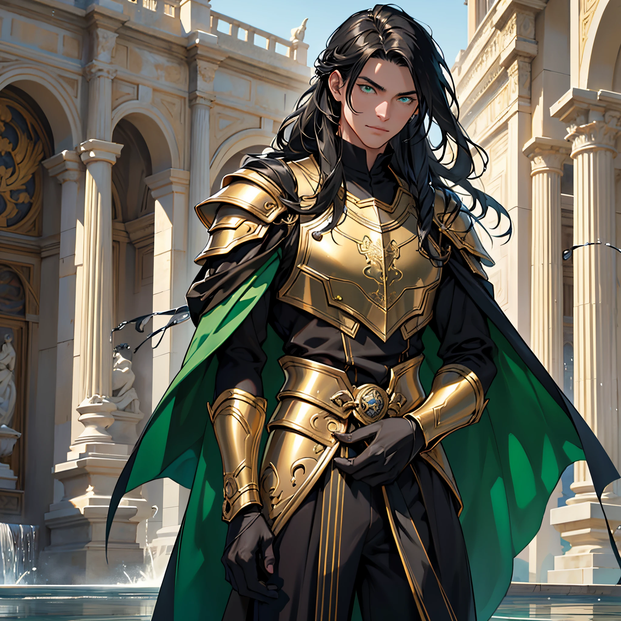 black long hair man, Straight hair, bright green eyes, Eye reflection, golden armor and black cloak, teenager, Palacio Ambience, Beautiful appearance, Anatomically accurate., Masterpiece, super detaill, High Quality, Best Quality, 8K, One Man'masterpiece,Background with:In front of an ancient Roman fountain, waterdrops, tentacles