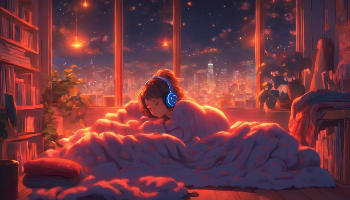 a girl, lying sleeping, wearing a big sweater, wearing headphones, legs covered with a blanket, lofi, calm, calm atmosphere, in her room looking at the window, cool, night, quiet night, masterpiece, best quality