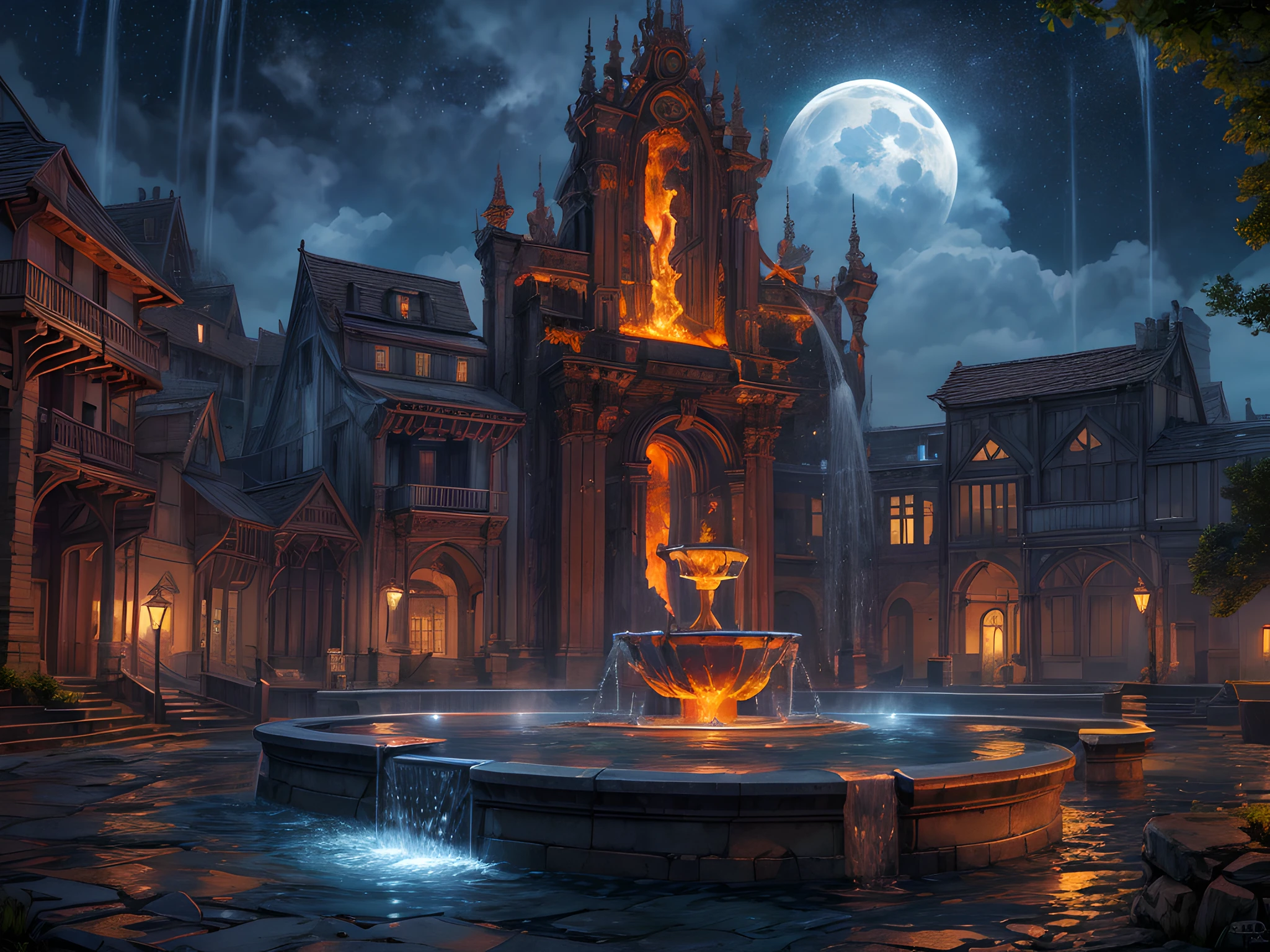 Fantasy art, RPG art, RAW, a picture of an epic sized magical (water fountain: 1.3) in an elven city town square, it has magical runes gl0w1ngR in the basin of the fountain, many rivulets of water entwined in (glowing fire: 1.2), GLOWING STYLE , the fire, red fire, is combined with the water streams, its night time, moon is rising, photorealistic, 16k, RAW, award winning, (best detailed: 1.5), masterpiece, best quality, (ultra detailed), full body, ultra wide shot,