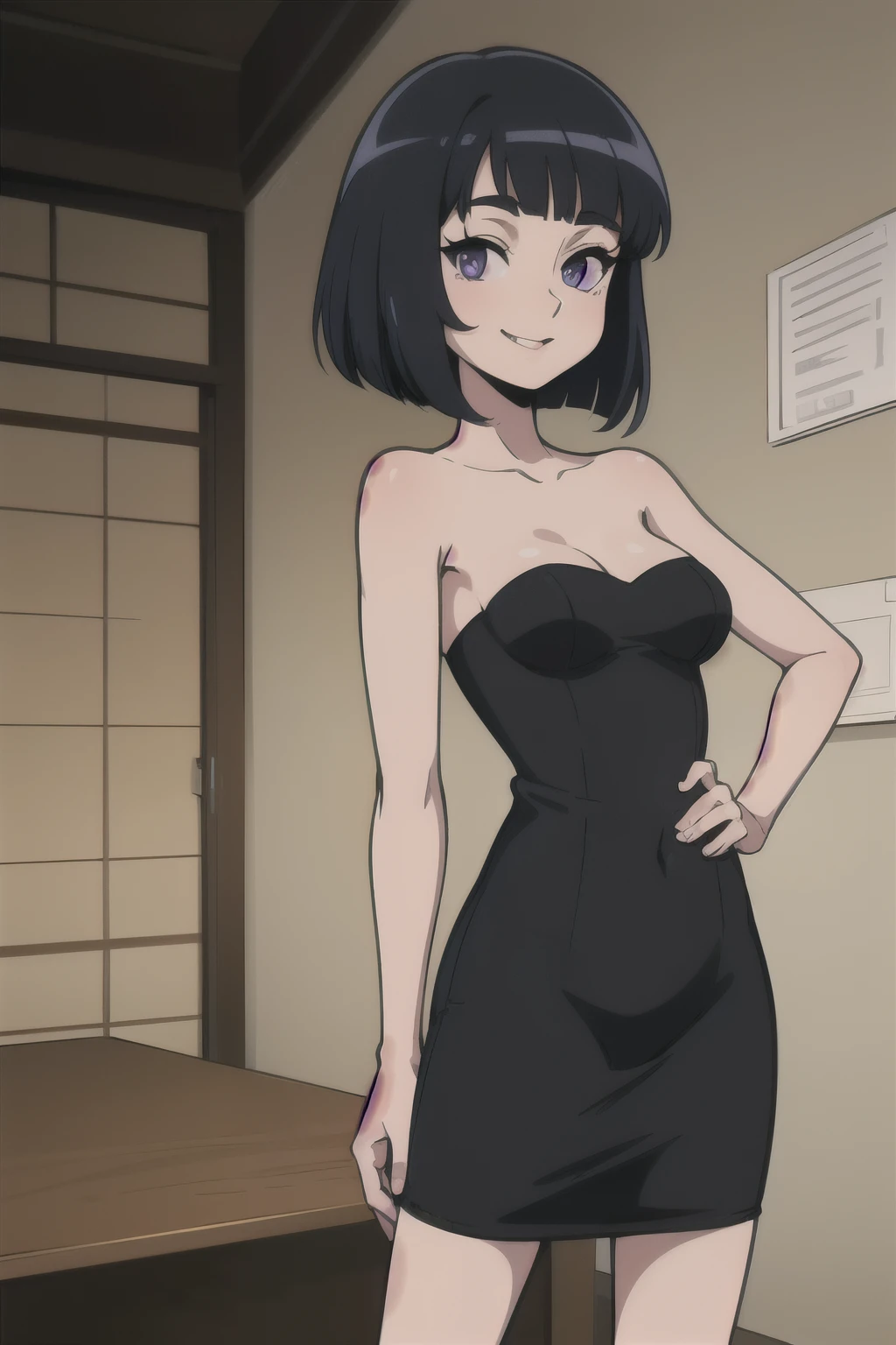 1990s anime cels style, Cartoon style of the 1990s, (flat color:1.2), vivid colors, best quality, high resolution, solo, indoors, (medium breasts:1.2), retro anime, sharp, Defined lines, Detailed, makeup, Beautiful face, gorgeous eyes, smile, Hotaru Tomoe, Purple Eyes, Black Hair, Bob Hair, Bob Haircut, smile, little black dress, strapless dress, bare shoulders, bare collarbone, thighs, skin-tight dress, standing, nightclub background, masterpiece, best quality, ultra detailed,