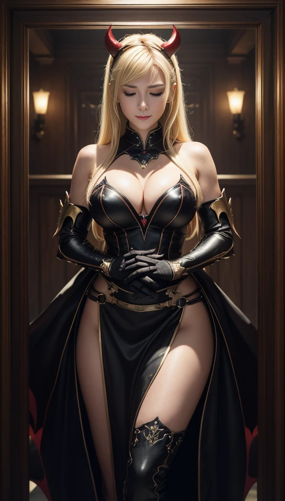 (Beautiful fece(Devil Woman:1)portraitures:1.5)Hellscape with castles and hordes of demons(((masterpiece)))、((top-quality))、A MILF,redeyes,Sexy Armor,Black and gold skirt real、8K、ultra-detailliert、realisitic、landscapes、concept-art、exceptionally detailed RAW color photo、Side angle、(lensflare:0.7)、particle effect、光线追踪、cinematlic lighting、Shallow depth of field、photographed on a Sony Alpha 1、50mm wide angle lens、foco nítido、Cinematic Film Still、 dynamicposes、、(realisitic:1.3)、Blonde Mohawk,Large bat wings,cold smile,Sexy Succubus,Devil Lady,Glowing red eyes.large full breasts,gazing at viewer,超A high resolution, closed eyes