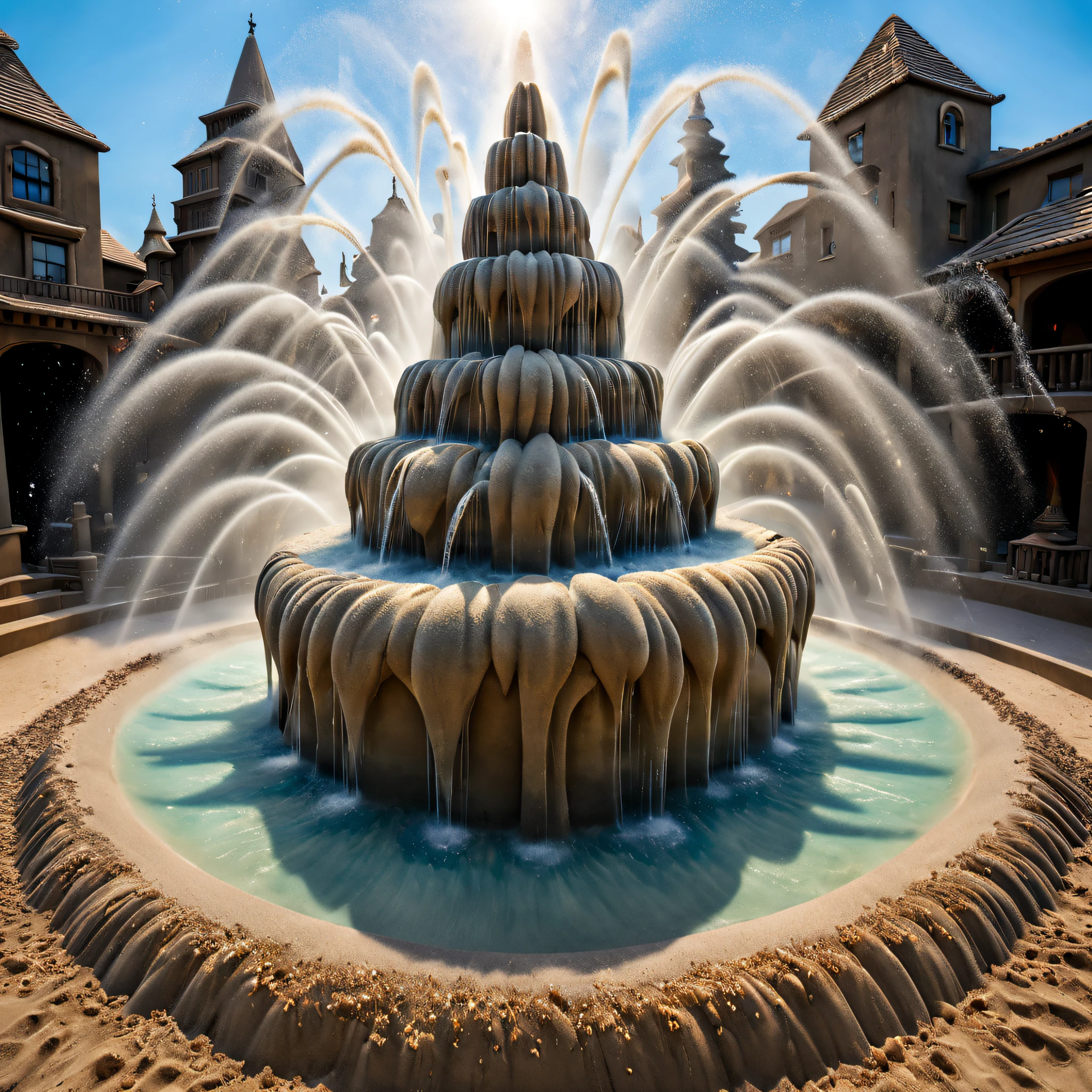 Magical colorful fountain with radiant sand sculpture style，Sparkling water droplets in the sun，dancing water pattern，bubbling display，rainbow colored waterfall，Rhythmic water dance，Vivid interactive experience，water jet in air，Charming water view，Festive atmosphere，splashing water drops，floating mist atmosphere，a joyful atmosphere，Lively music plays in the background，The air is filled with joyful laughter and excitement，A breathtaking feast for the eyes、Awesome view、Amazing spectacle、Magical experience，(best quality,4k,8k,highres,masterpiece:1.2),ultra-detailed,(realistic,photorealistic,photo-realistic:1.37)。