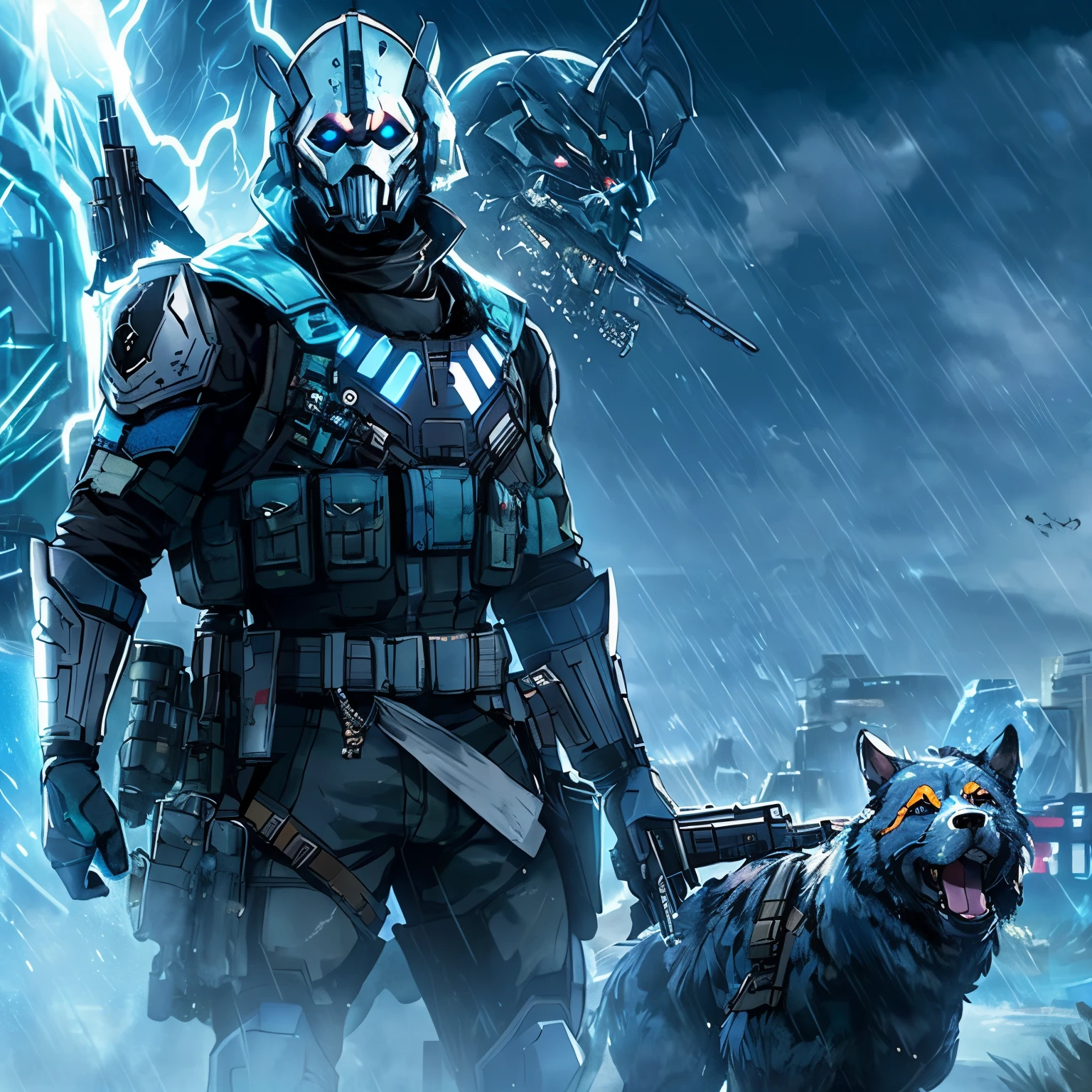 arafed soldier with a dog and a gun in the rain, ghost mask on the face, blue glowy eyes, game cover, video game cover, game poster, video game cover art, warzone background, cover game art, ghosts theme, game cover art, helghast, mobile wallpaper, hq 4k phone wallpaper, game promotional poster, fps shooter game, call of duty, high quality wallpaper