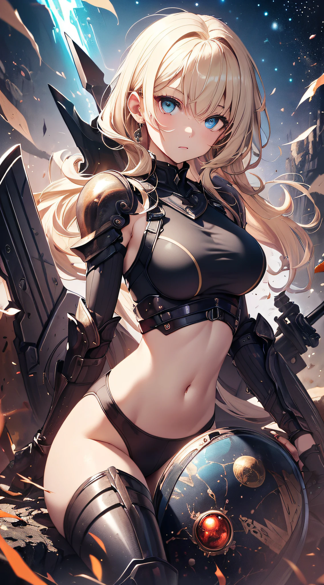 top-quality、Top image quality、masterpiece、girl with((Red Leotard、Black Mechanical Armor、sixteen years old、 ager、cute little、Best Bust、big bast,Beautiful light blue eyes、Breasts wide open, a blond、A slender,Large valleys、belligerent movements,Warlike face、Sword in right hand、shield in left hand、Navel Tank Top、Sit up)),hiquality、Beautiful Art、Background with((universes)))、Depth((black hole)),masutepiece、depth of fields,Cinematic style