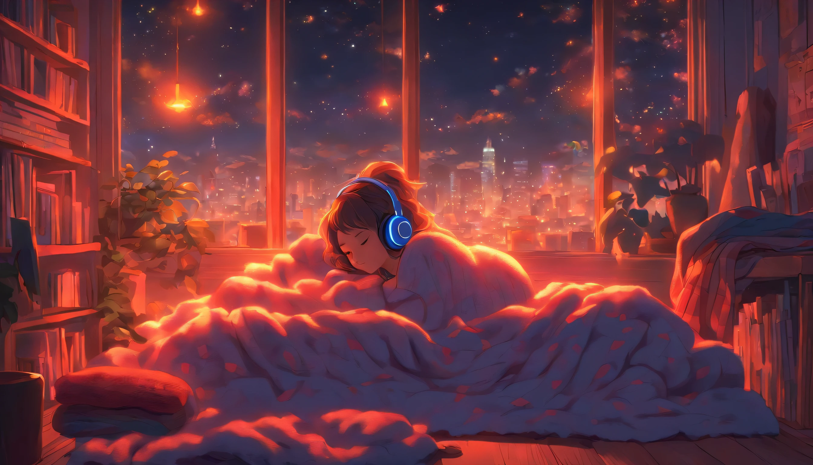 a girl, lying sleeping, wearing a big sweater, wearing headphones, legs covered with a blanket, lofi, calm, calm atmosphere, in her room looking at the window, cool, night, quiet night, masterpiece, best quality