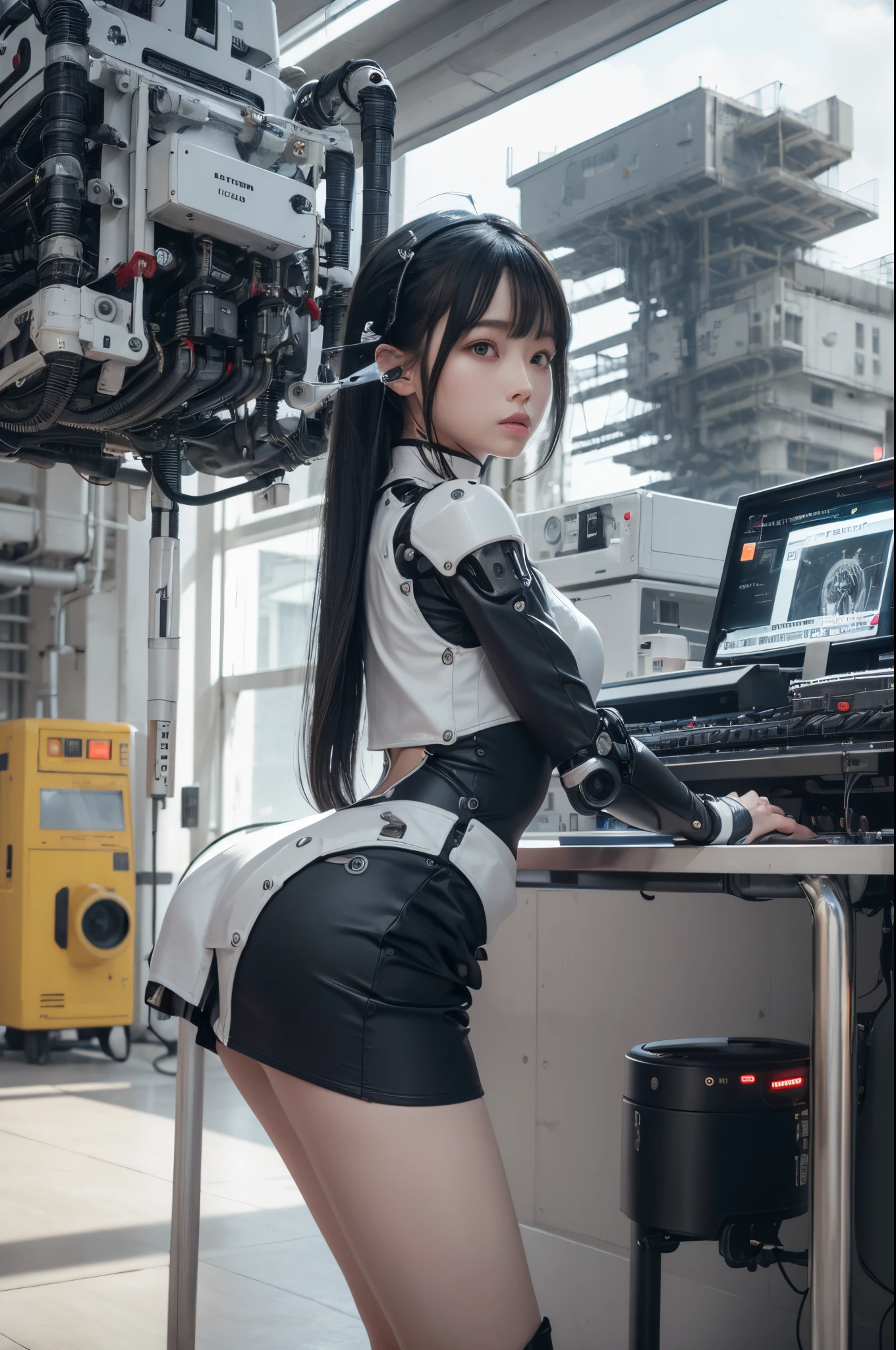masterpiece, best quality, extremely detailed, (photorealistic:1.4),(RAW photo) (8K, 4K, Best Quality, hight resolution, 超A high resolution:1.1), (masutepiece, Realistic, Photorealsitic:1.1), 1girl in, Japaese Cyborg Girl,Plump ,pleated miniskirt,black high socks,control panels,android,Droid,Mechanical Hand, ,clothes with a sense of mechanical technology, Robot arms and legs, Black Robot Parts,Black hair,Mechanical body,Blunt bangs,White abdomen,White robotics parts,tube dress,perfect robot woman,future laboratory,cyber pank,charging spot,laboratory,long tube,thick cable connecting her neck,ceramic body ,full eyes,striking eyes,mechanical body, ear antenna,mechanical ear cover,android,robot humanoid