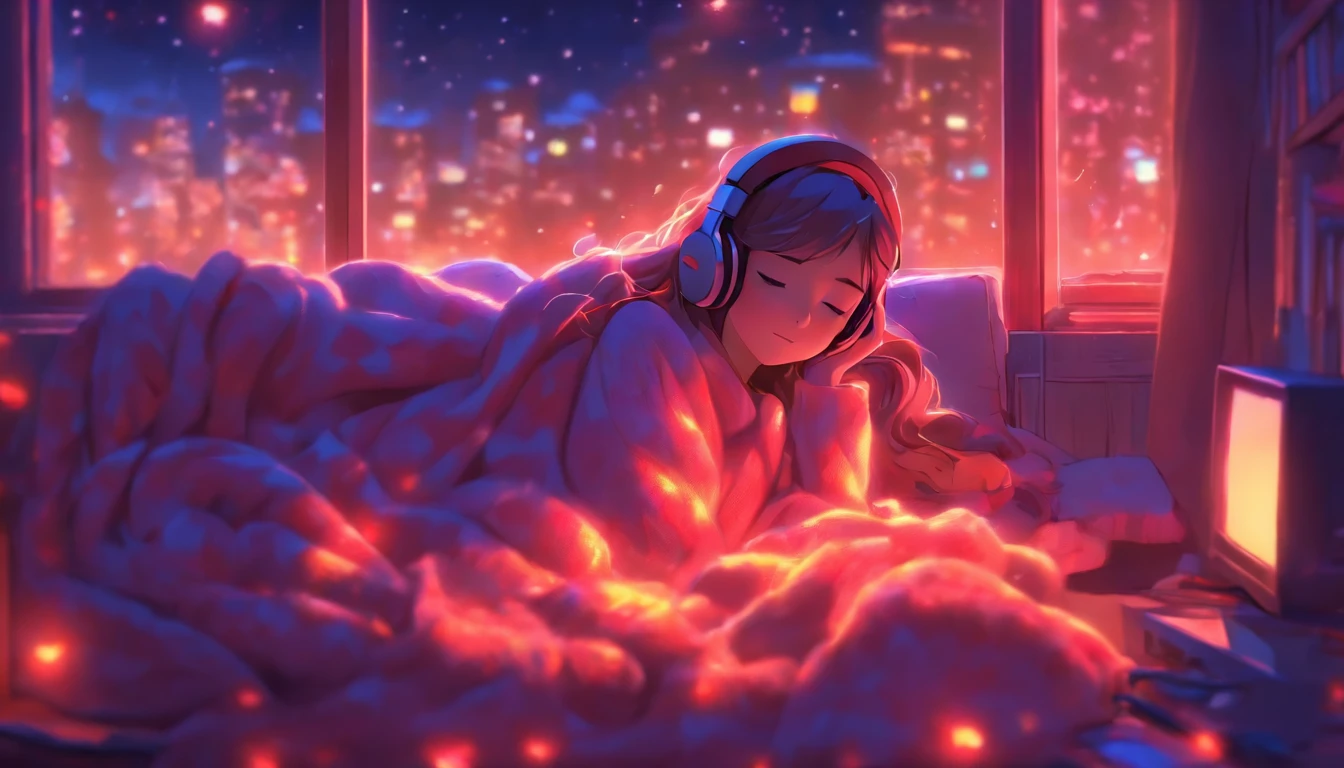 a girl, lying sleeping, wearing a big sweater, wearing headphones, legs covered with a blanket, lofi, calm, calm atmosphere, in her room looking at the window, cool, night, quiet night, masterpiece, best quality
