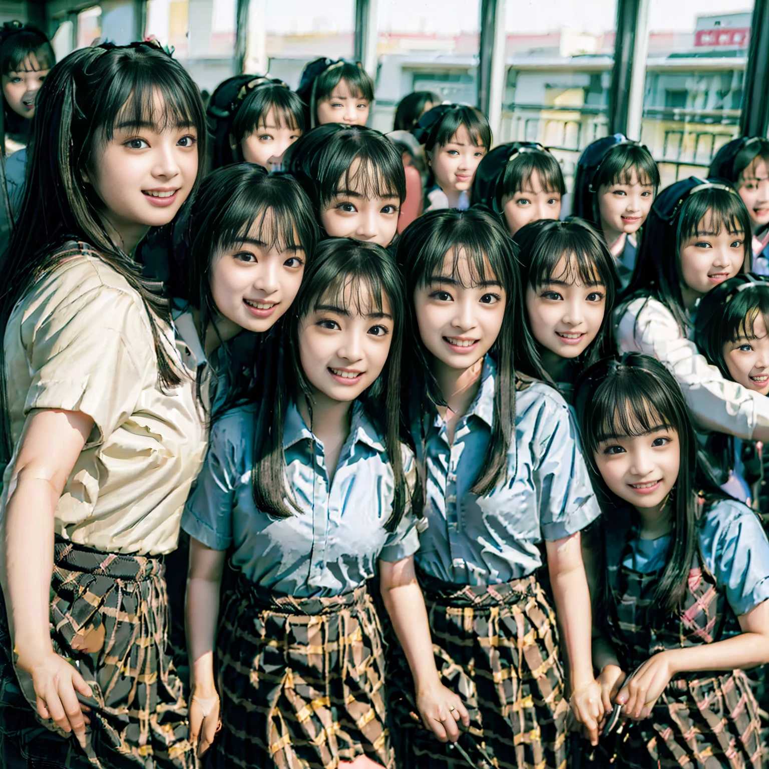 a picture、(((multiple girls))),((((6+girls)))),((((100girls)))),(((1000girls)))、((((100 Girls))))、(((crowd shot))),Women only、The same face、School Uniform、************、Long black hair、100 cute girls、ssmile、Selfie stick、‎Classroom、Raw photo、(((Large group)))、a junior high school student